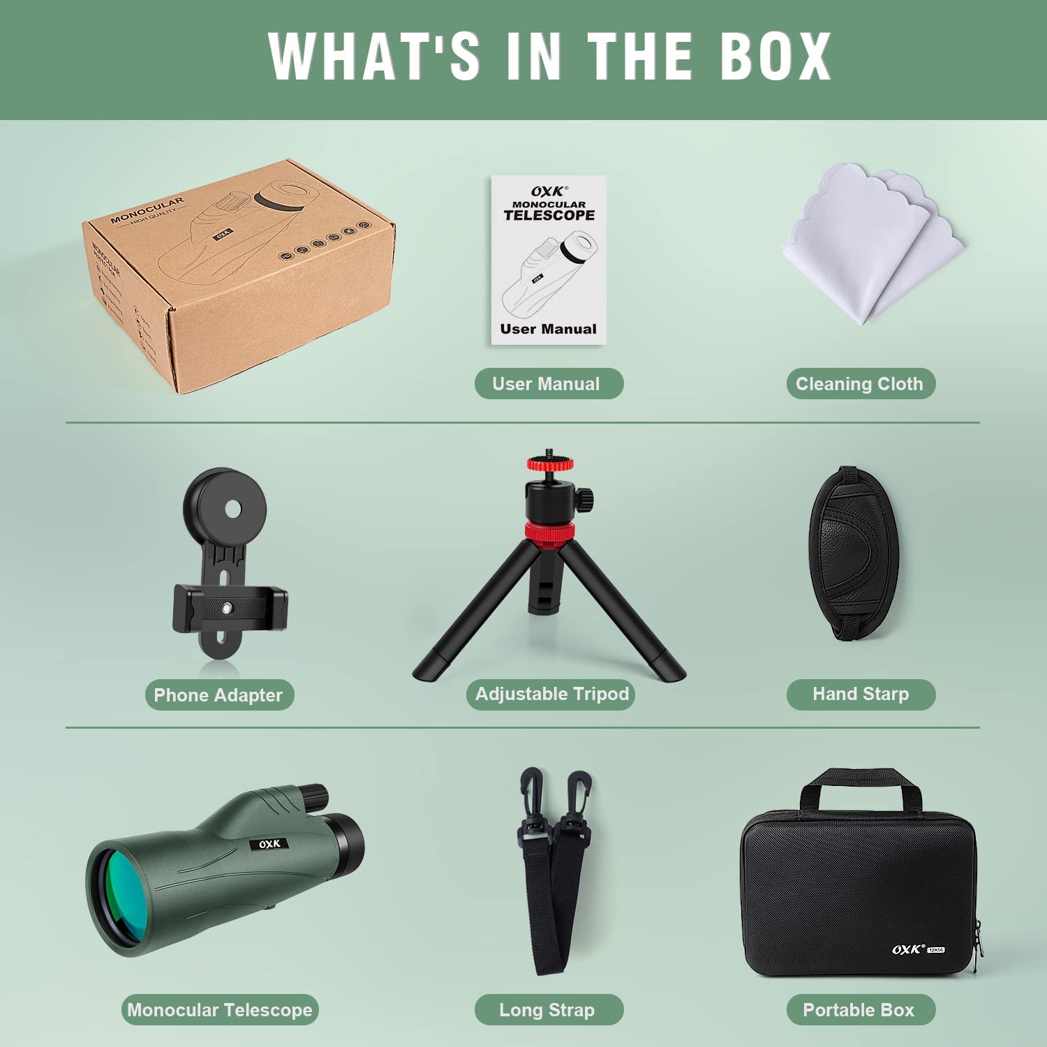 Oxk Optics 12X56 High Power Monocular Telescope With Smartphone Adapter Tripod Travel Bag, Larger Vision Monoculars For Adults With Bak4 Prism & Fmc Lens, Suitable For Bird Watching Hunting Hiking Camping