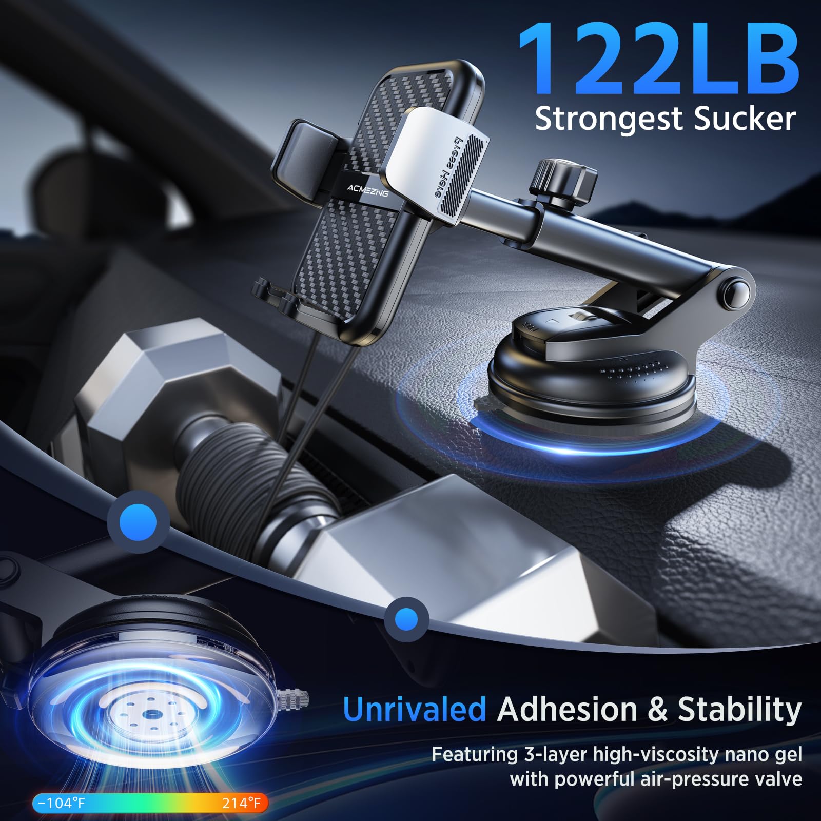 Acmezing 3-In-1 Car Phone Holder [122+Lbs Strongest Suction & Stable Clamp Arm] 360° Adjustable Car Phone Mount, Cell Phone Holders For Your Car For Dashboard Vent, All Smartphones & Car Models (Black)