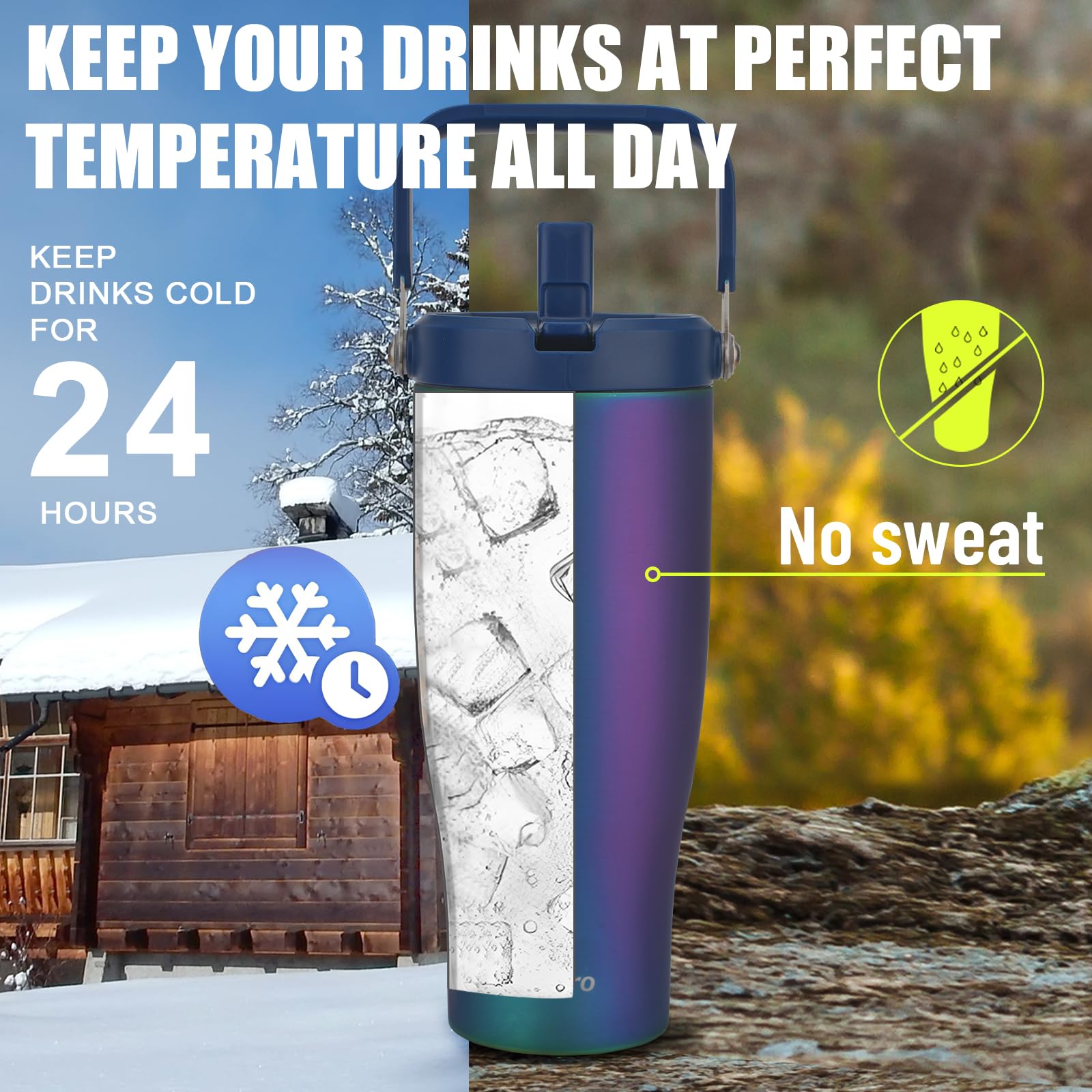Zukro 40 Oz Tumbler With Flip Straw, Triple-Wall Easy-Carry Insulated Water Bottles With Top Handle