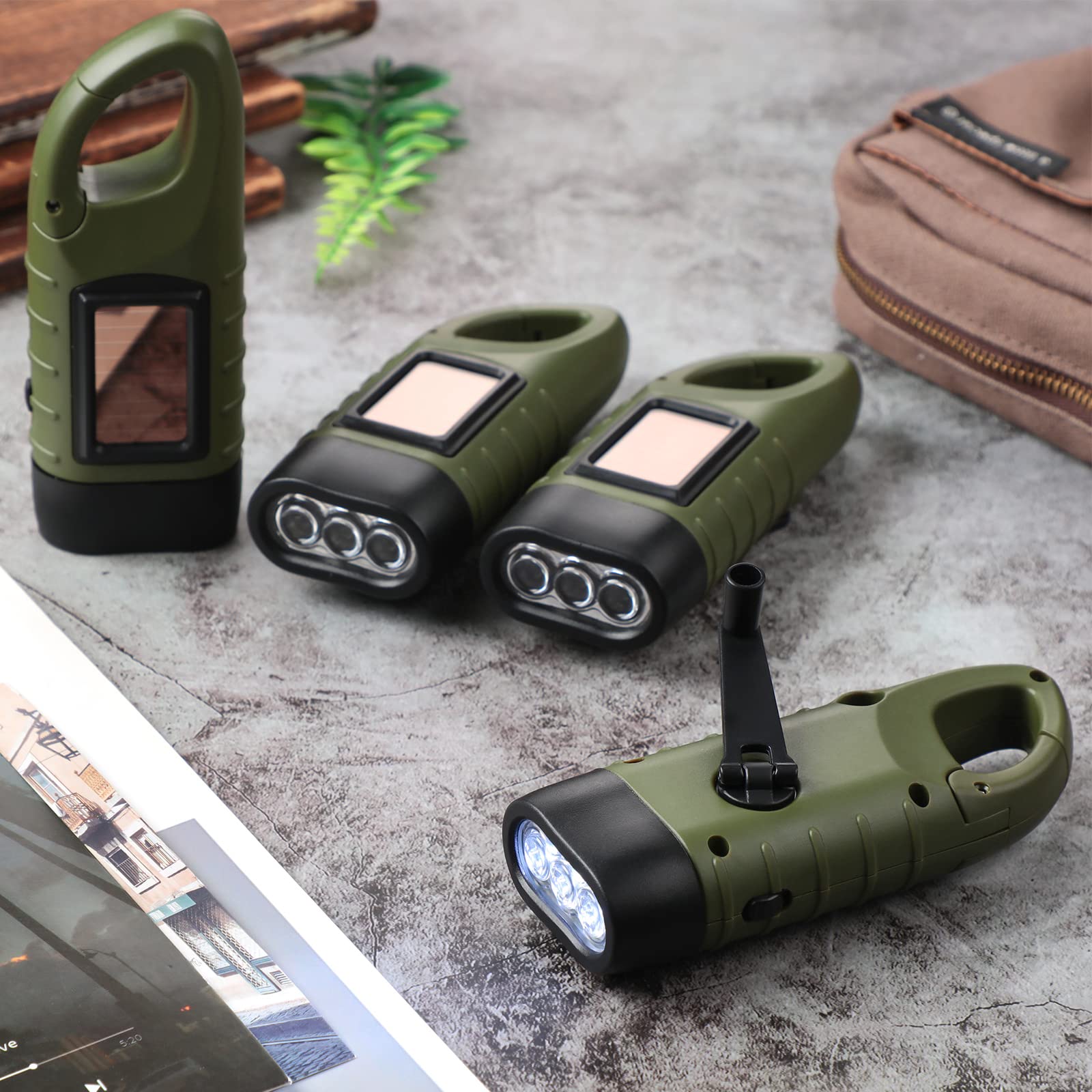 Oudain 4 Pieces Hand Crank Solar Powered Flashlight Led Rechargeable Flashlight Survival Emergency Hand Crank Lantern Snap Carabiner Torch For Outdoor Sports Camping Hiking