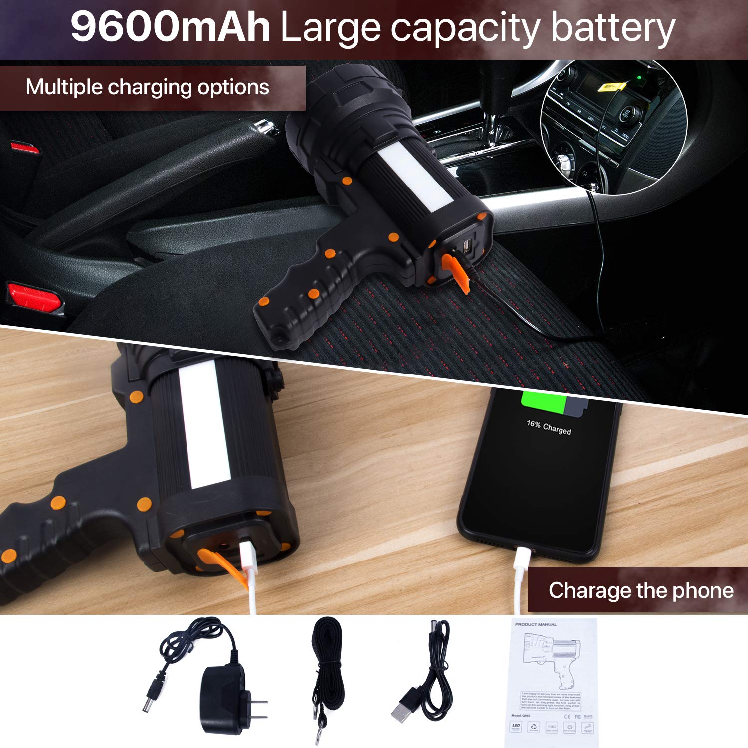 Cybbo Powerful Spotlight - Super Bright 6000 Lumen Rechargeable Flashlight With 3 Light Modes, Long Battery Life, Waterproof, Durable Abs & Aluminum Alloy Construction, Adjustable Tripod & Strap