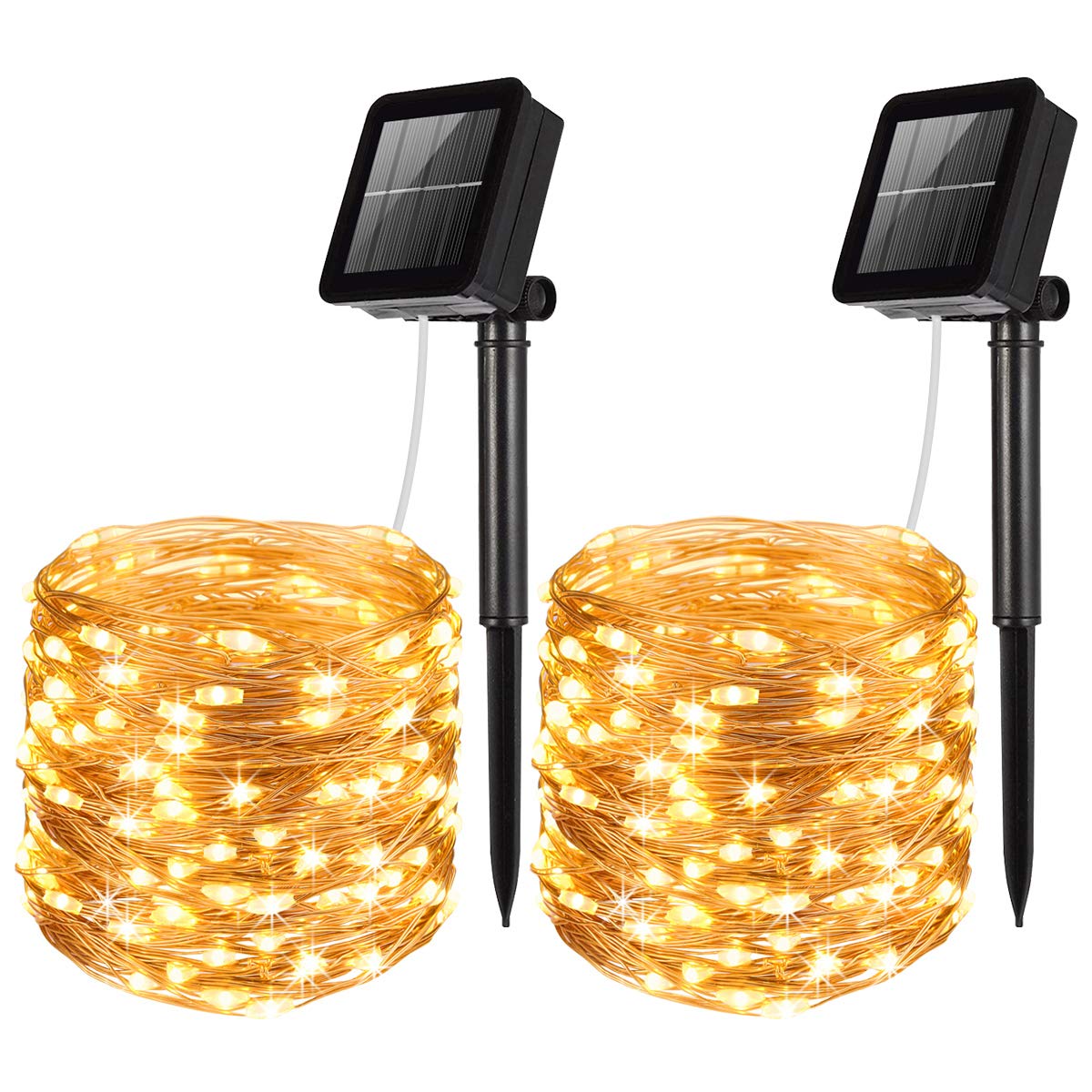 Amir Solar String Lights, 39Feet 120 Led Mini Copper Wire Lights, 8 Modes Waterproof Fairy Lights, Indoor Outdoor Solar Decoration Lights For Patios, Home, Parties (Warm White - Pack Of 2)
