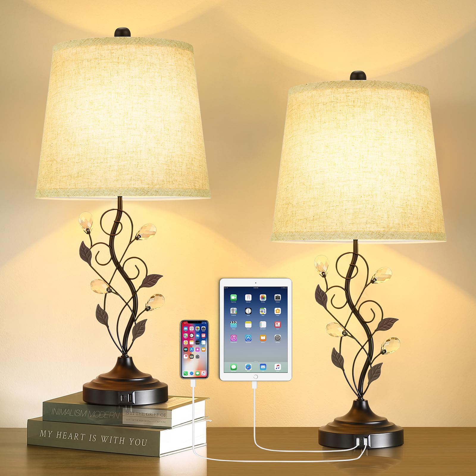 Sheetea 24.5In Farmhouse Table Lamps Set Of 2, Rustic Bedroom Lamps With 2 Usb Charging Ports, Cream Fabric Shade, Metal & Crystal Finish