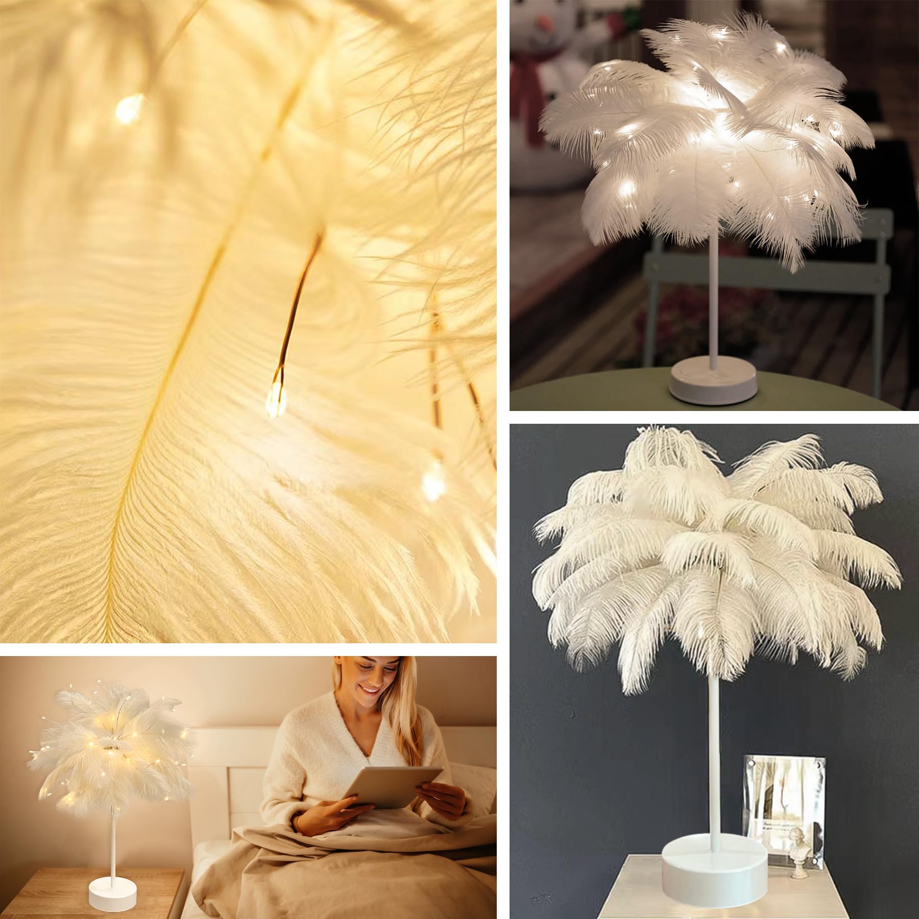 Iticdecor Ostrich Feather Lamp Metal Table Lamp Led Decorative Atmosphere Night Lights Bedside Lamps For Home Party Wedding Decoration For Dad Mom Wife Girlfriend Teen Girls(White)