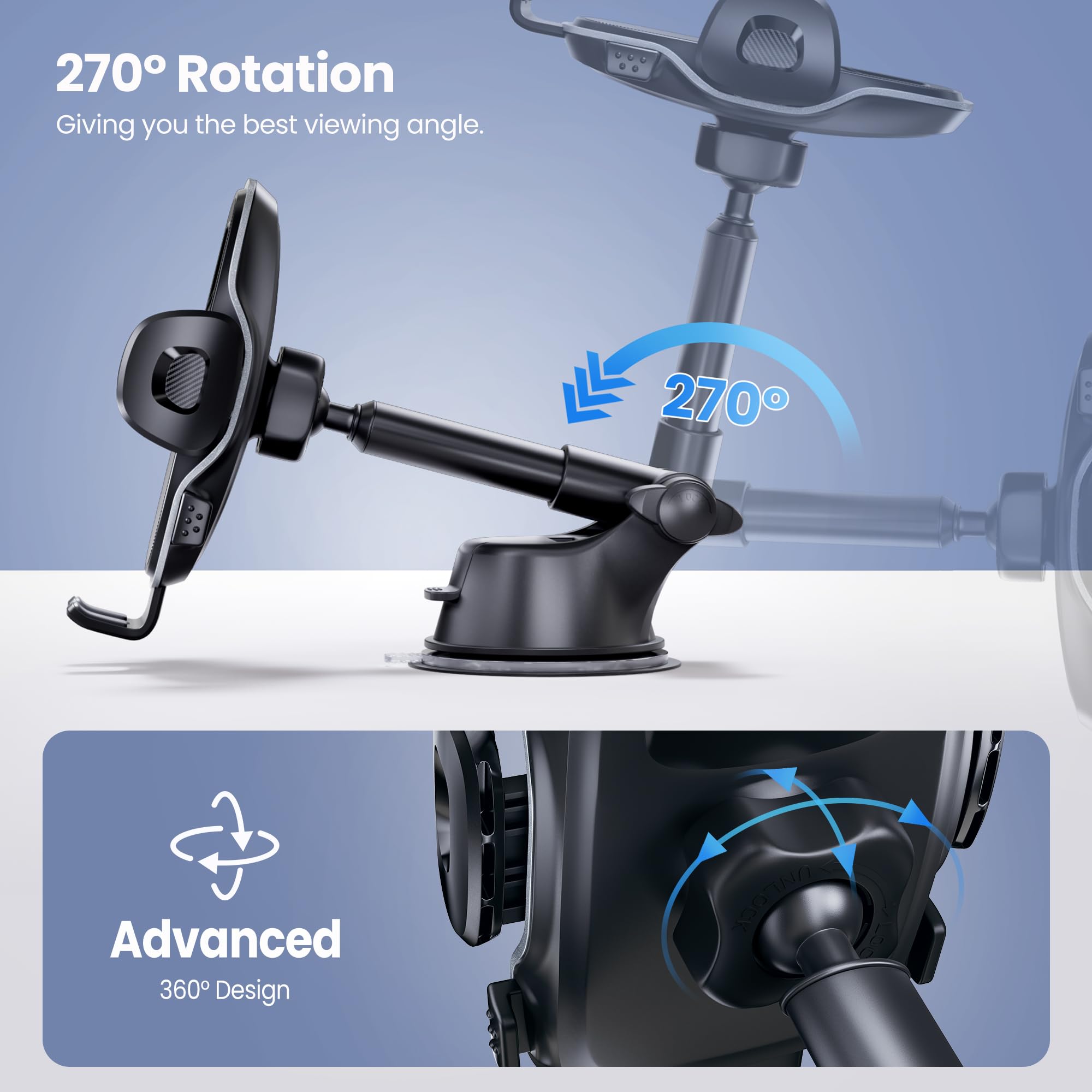 Bivicvvu Car Phone Holder, Phone Holders For Your Car Dashboard Windshield, 360° Adjustable (4.8-7") Telescopic Arm, Suction Cup Cell Phone Holder For Truck Cradles Universal Car Mount For All Smartphones