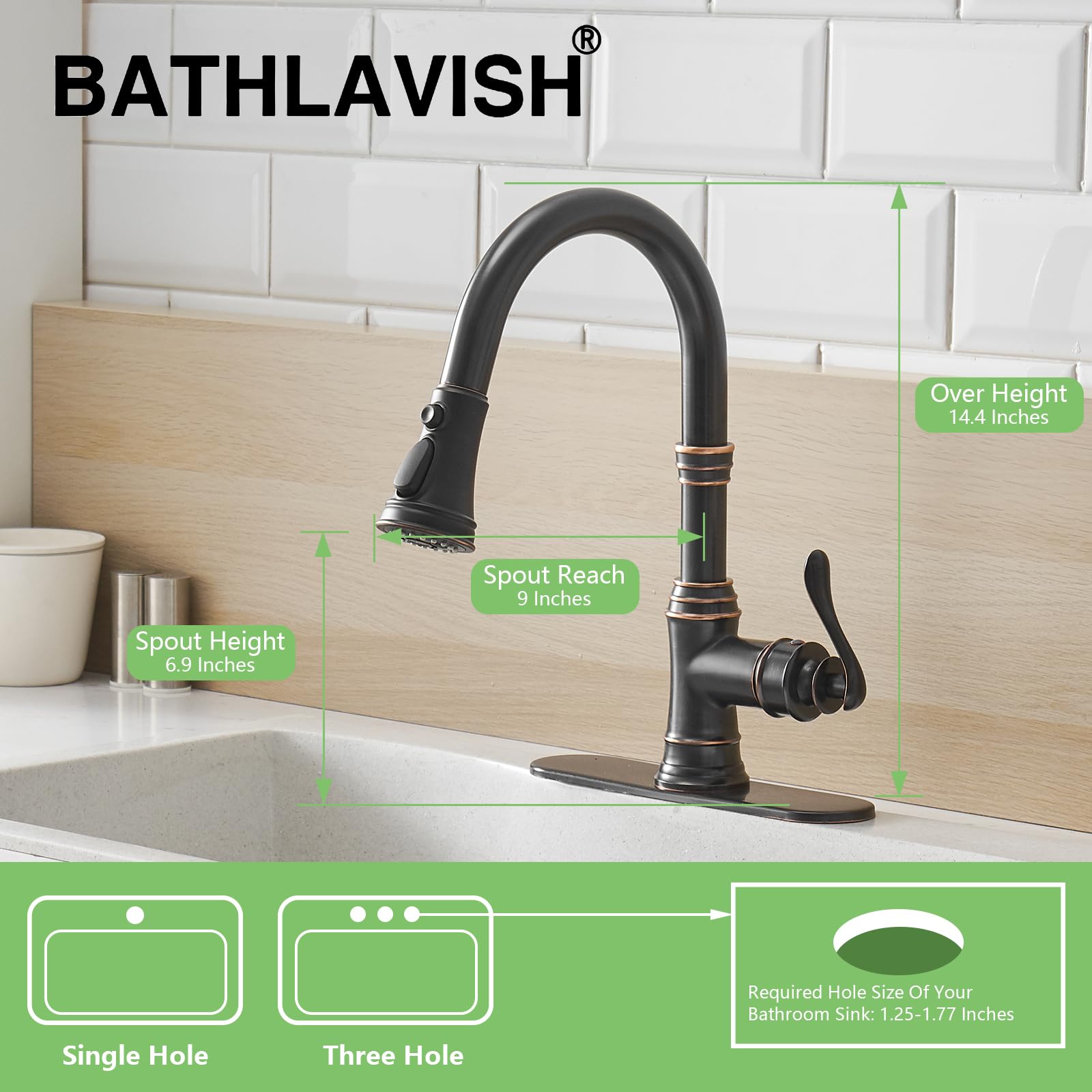 Bathlavish Bronze Kitchen Sink Faucet Oil Rubbed With Pull Down Sprayer Commercial Farmhouse Single Hole Single Handle With Hole Cover Plate Solid Brass