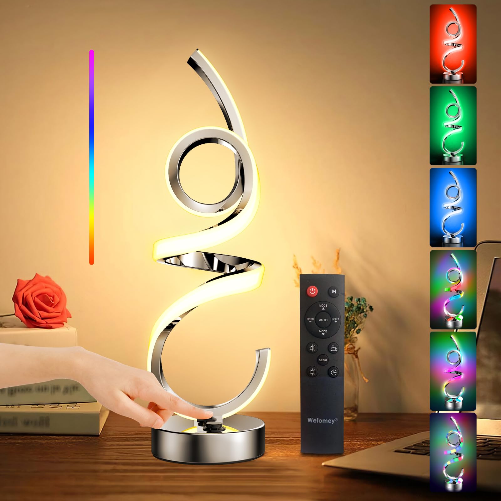 Wefomey Modern Spiral Table Lamp Color Changing Night Light Rechargeable Led Nightstand Lamp Dimmable Bedroom Lamp Remote Control For Home Decor Living Room Bedroom Office