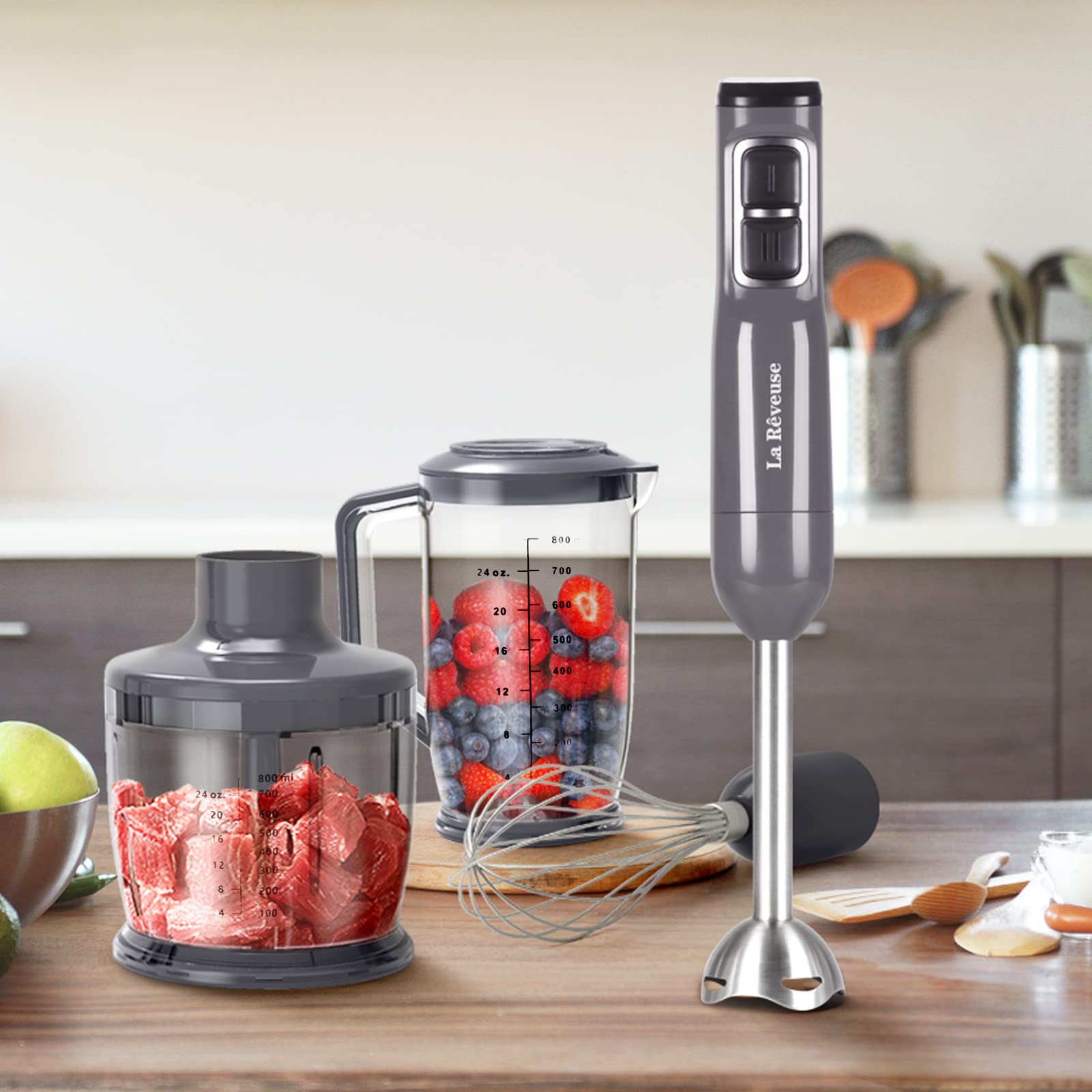 La Reveuse Immersion Blender Handheld, 3 In 1, 300 Watts 2 Speeds Multi-Purpose With Whisk,Mixing Beaker,Food Chopper Grinder Attachments