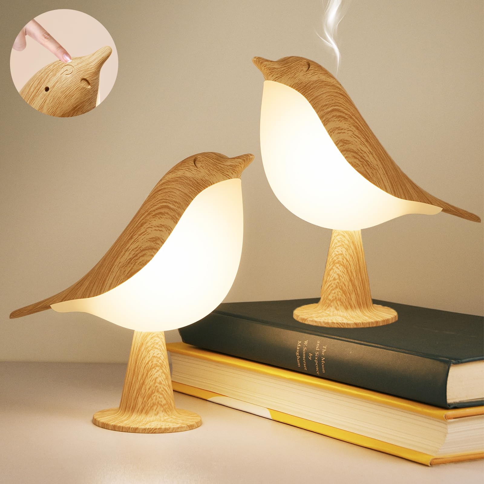 Deogos 2 Cute Bird Table Lamps Combo,Rechargeable Cordless Lamp With 3 Color Temperature And Adjustable Brightness,Small Desk Lights For Bedroom Nightstand Bedside Table - Wood Tone