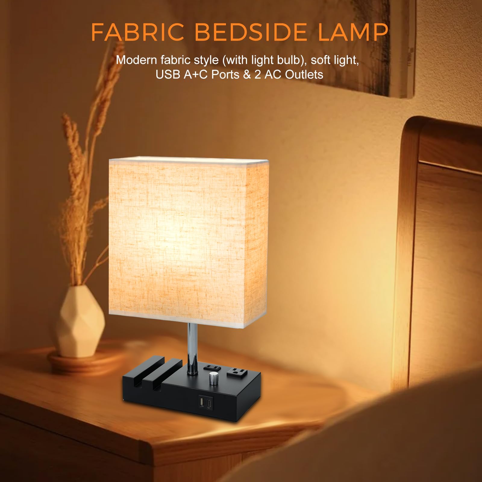 Lixada Nightstand Lamp For Bedroom With Usb A + C Ports, Small Bedside Table Lamp With Charging Outlets And Phone Stands, 3 Color Temperatures Night Stand Light With Bulb For Living Room