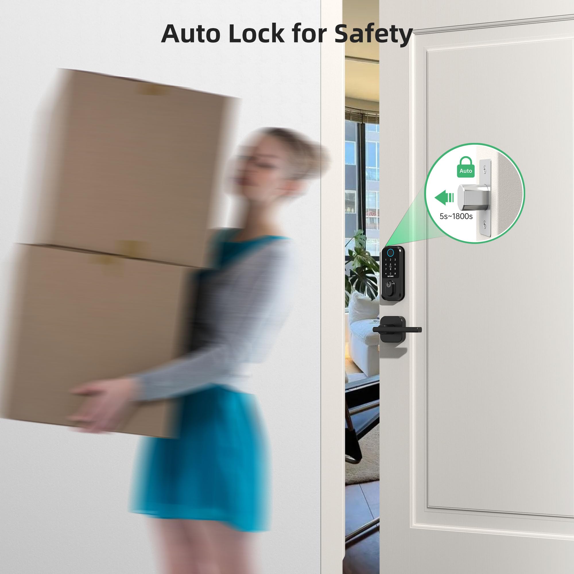 Nutomo Smart Front Door Lock Set: Keyless Entry Fingerprint Deadbolt With Handle Set Digital Keypad Door Locks Alexa App Remote Control Auto Lock Black