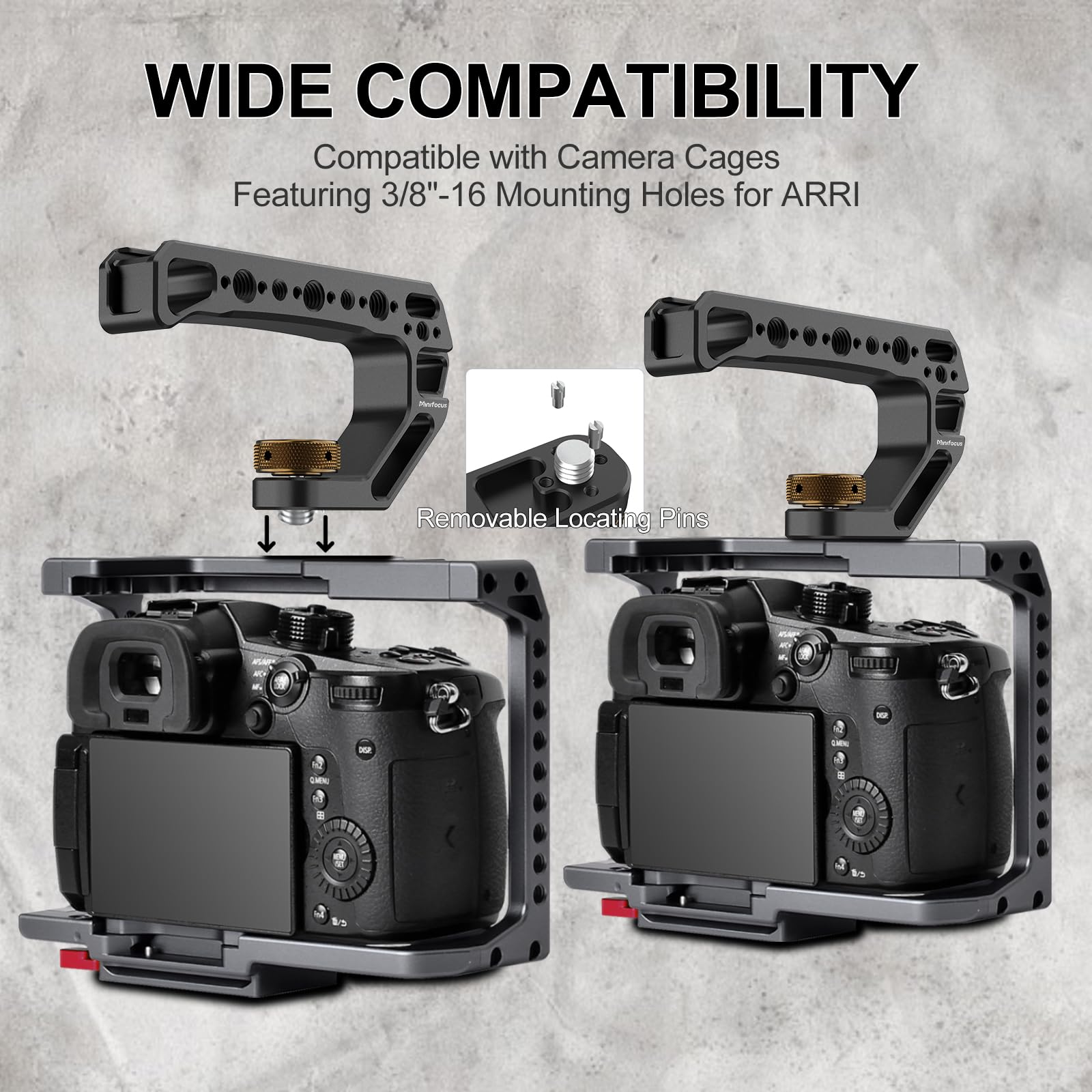 Minifocus Camera Top Handle With 3/8"-16 Locating Pins For Arri Grip For Camera Cage, Universal Top Handgrip With 5 Cold Shoe Adapters, Ergonomic Design, 1/4" And 3/8" Threads With Microphone/Led Light/Monitor