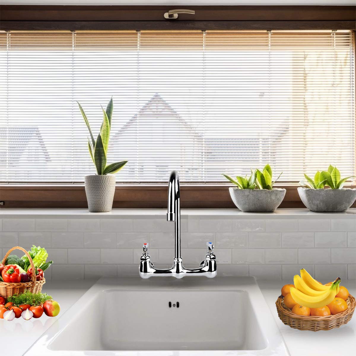 Kwode Wall Mount Faucet 8 Inch Center Commercial Kitchen Sink Faucet With 6" Gooseneck Swivel Spout 2 Handles Control Brass Contructed Chrome Finish