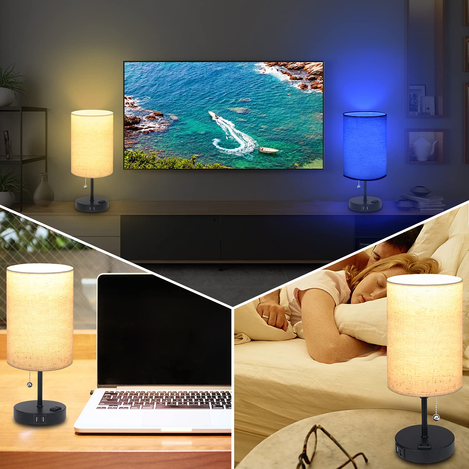 Kollniun Lamps For Bedrooms Nightstand Bedside Lamp With 2 Usb Port And Outlet, 3-Way Dimmable Table Lamps, Color Changing Night Stand Light Lamp Rgb Led Bulb