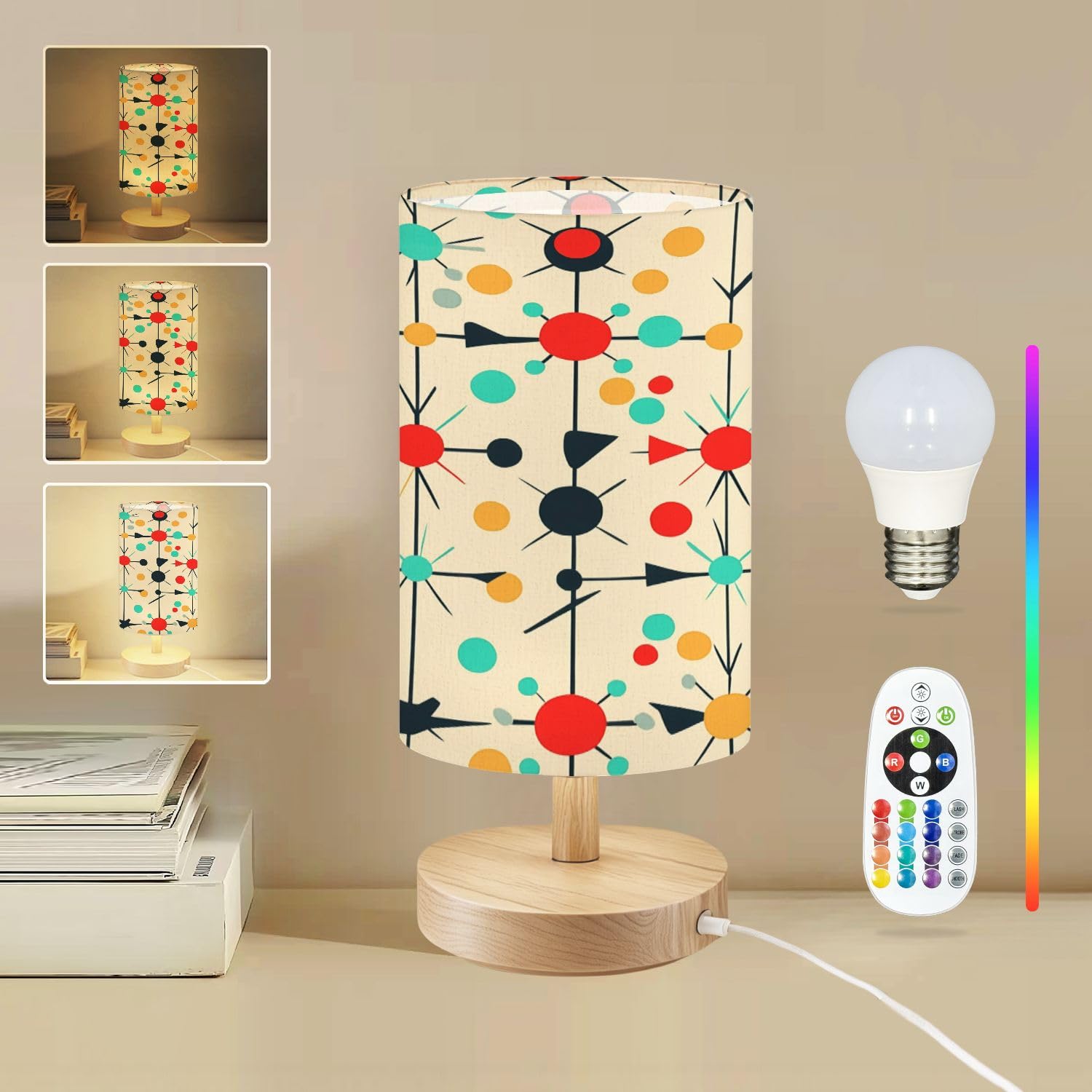 Breezzora Bedside Table Lamp Mid Century Fifties Modern Atomic Retro Colors Seamless Pattern Part 16-Way Dimmable Small Desk Lamp With Round Flaxen Fabric Shade For Nightstand Bedroom Living Room Home Decor