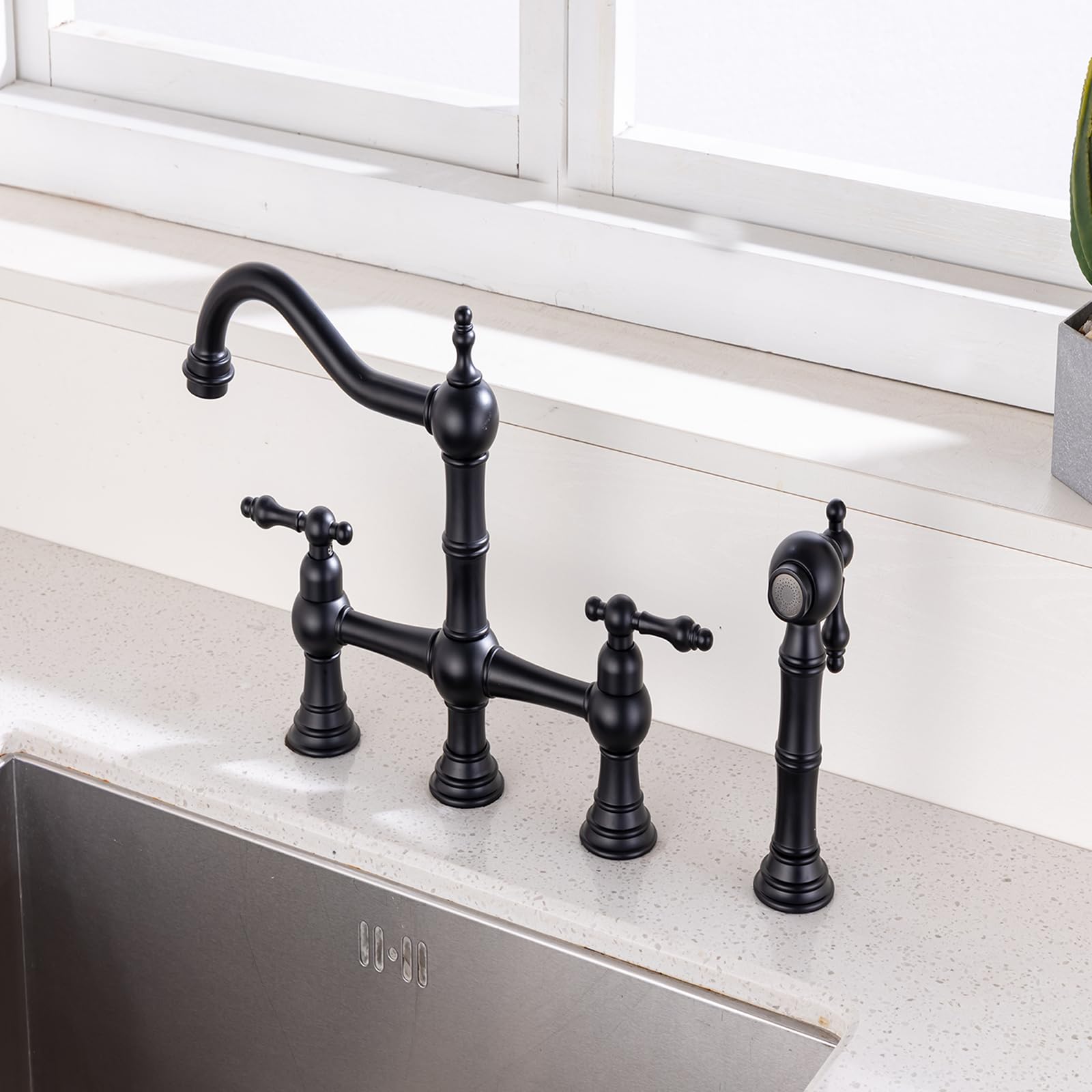 Ekrte Black Bridge Kitchen Faucet With Side Sprayer,2-Handle Bridge Faucet For Kitchen Sink, Matte Black Cassical Kitchen Faucet,Pull Out Centerset Bridge Sink Faucet