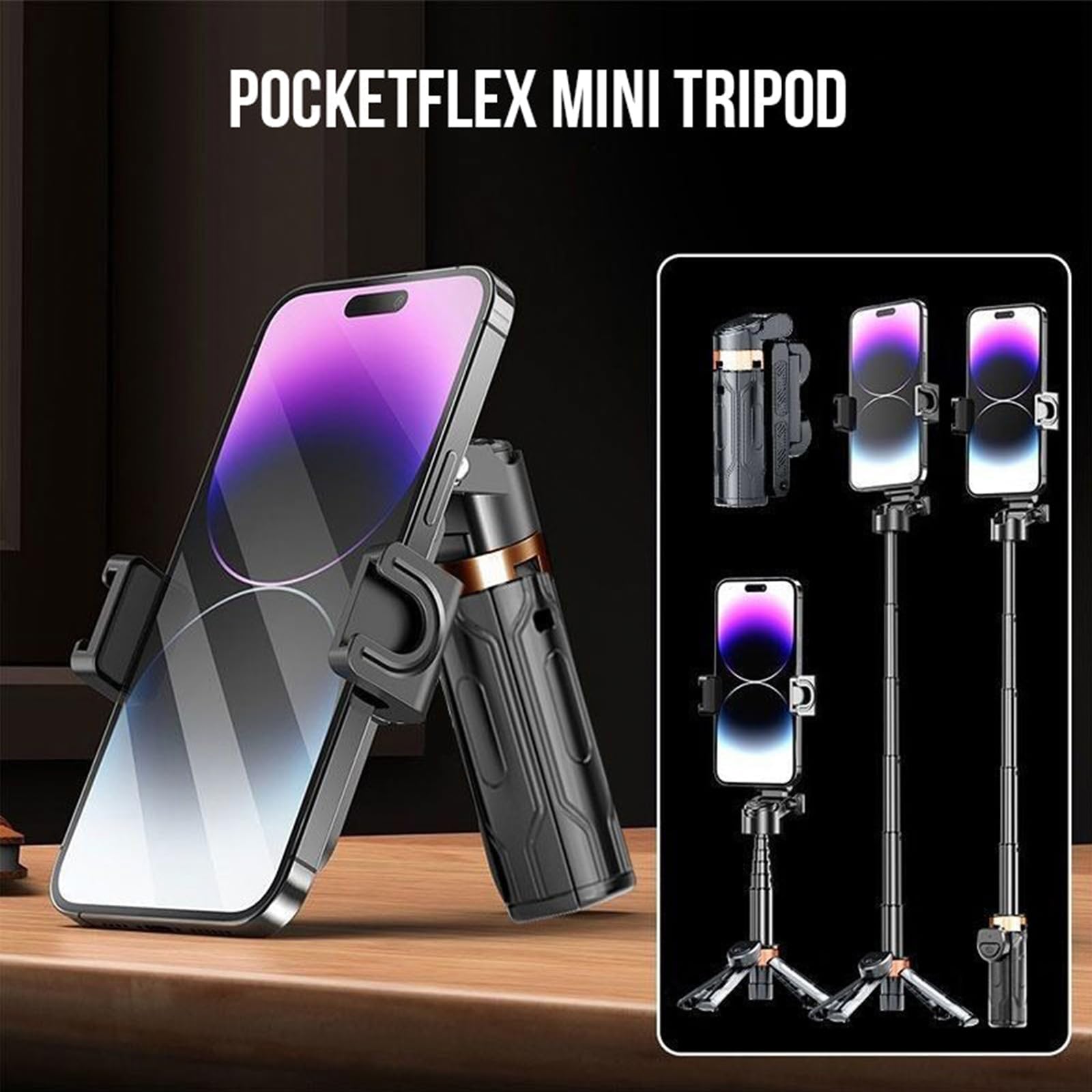 Zlinib Pocketflex Mini Tripod Razunoth, Tripod Mini Jj02, 360° Rotation, Bluetooth Remote Control, Adjustable Angles, Durable Aluminum Alloy, Supports Up To 2Kg For Smartphones And Cameras (Black)