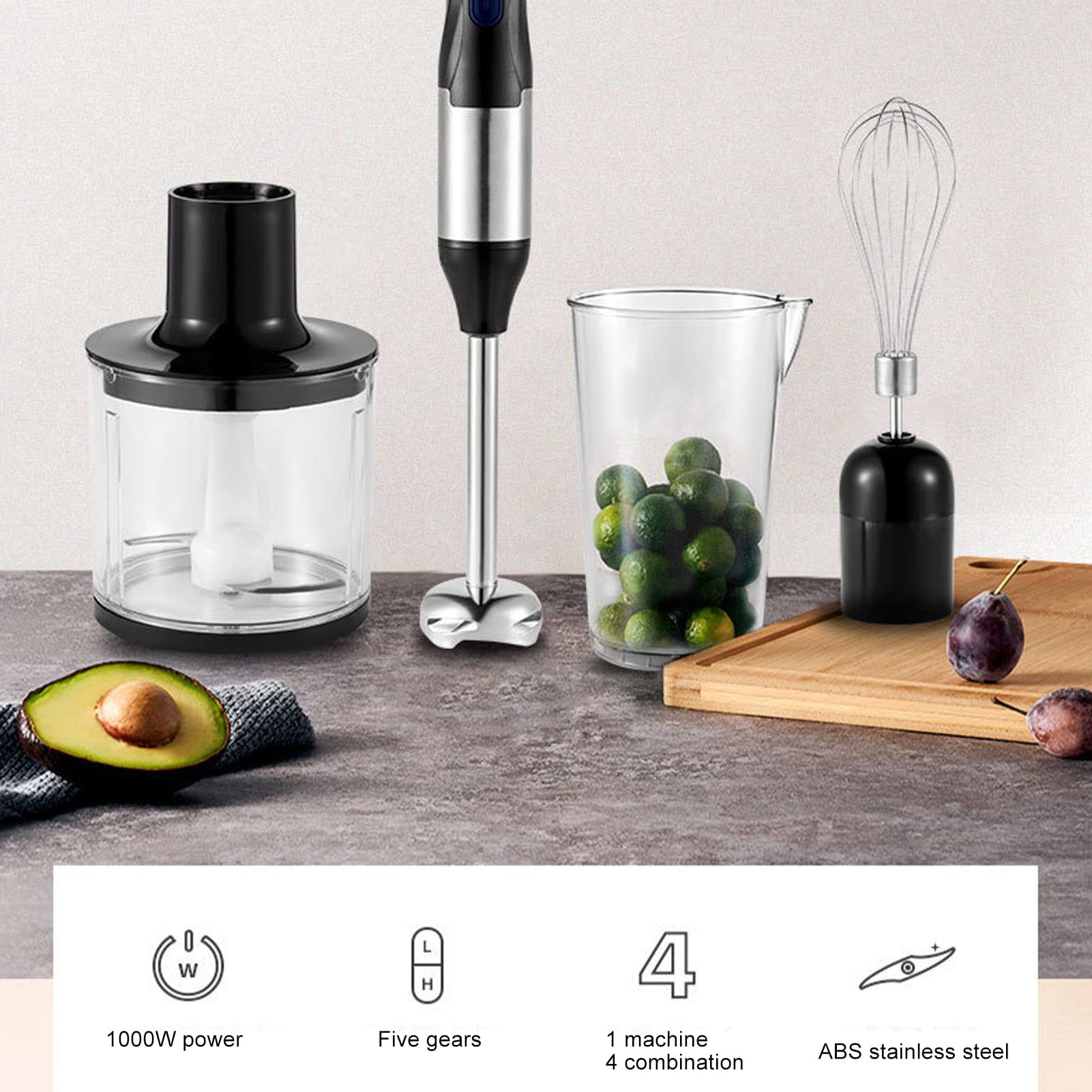 Gowenic 4 In 1 Immersion Blender, Electric Chopper With Meat Grinder And Veggie Chopper, Emulsion Blender With Chopper, Egg Whisk Attachment, Milk Frother, 700Ml Mixing Beaker