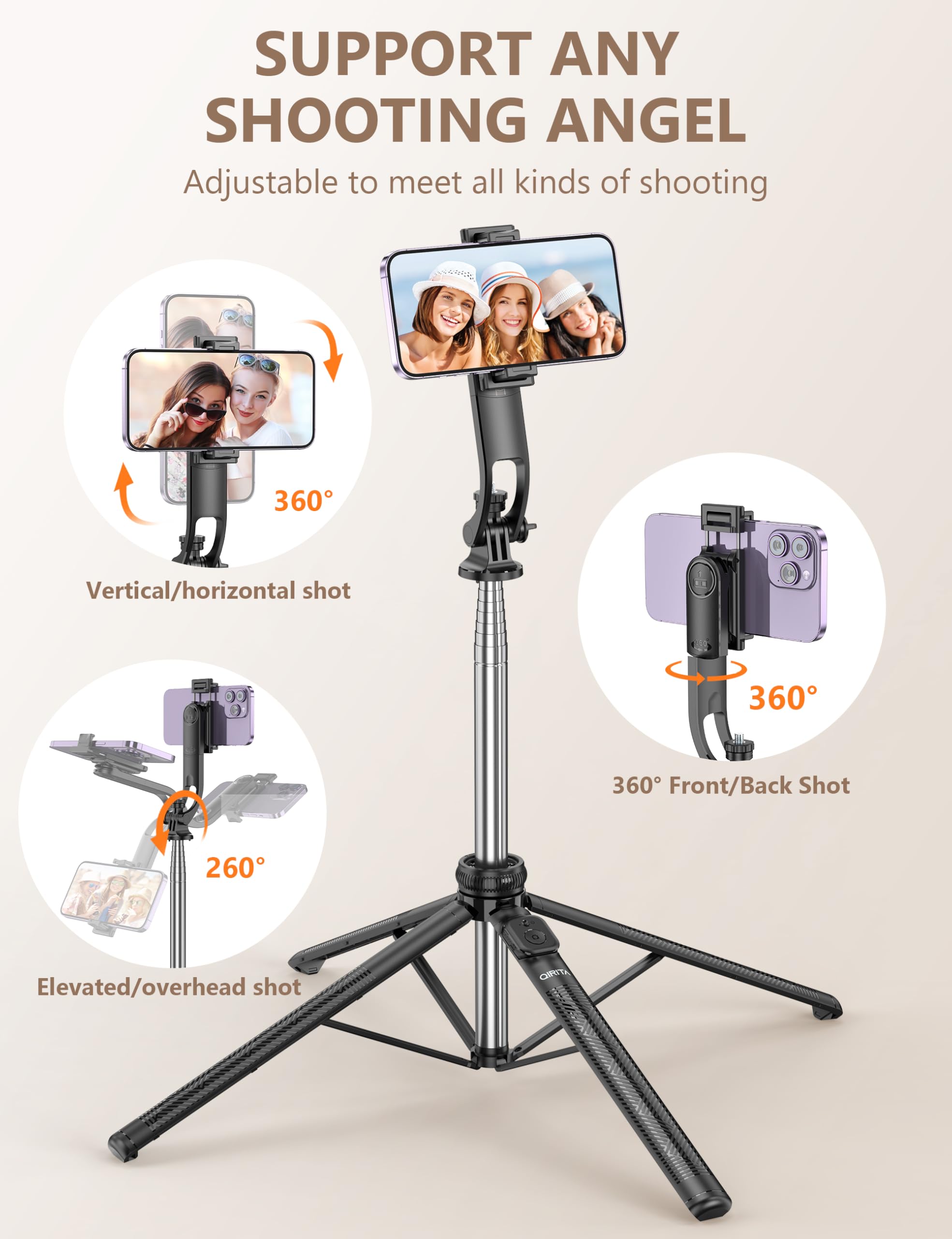 Qirita 71" Quadrapod, All In One Selfie Stick Tripod With Remote & Phone Holder, Extendable Cell Phone Tripod With 1/4" Screw, Travel Tripod Stand For Cell Phone & Camera Compatible With Iphone, Android