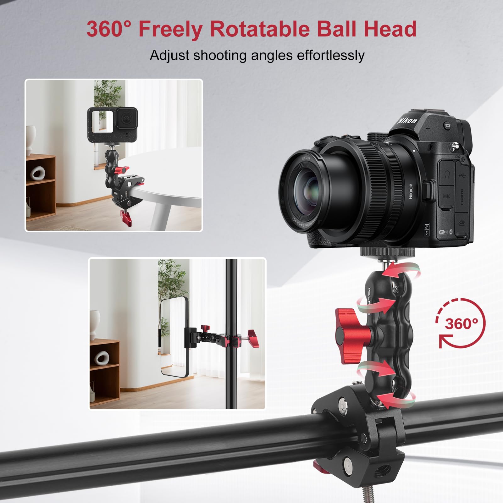 Mechrig Camera Mount Clamp, Super Clamp With Dual Ballhead Magic Arm For/Phone Holder/Tripod Mount Adapter - 1/4" & 3/8" Holes,360°Adjustable For G0Pro,Phone, Microphone,Monitor And Light Jc009