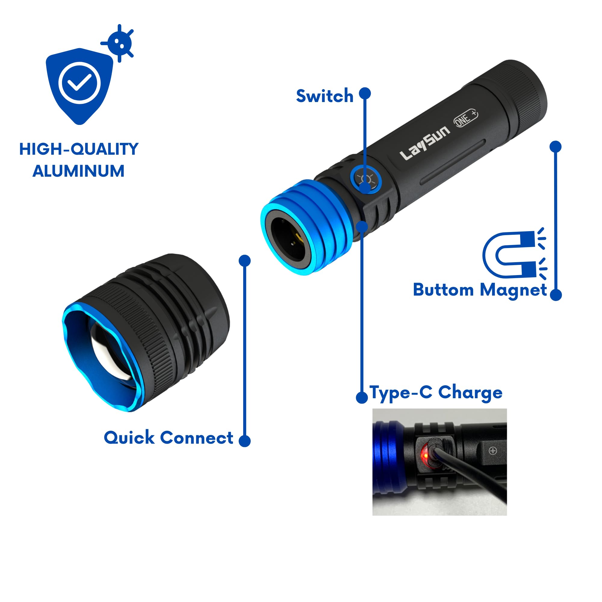 Laysun 3 In 1 Quick Connect Rechargeable Led Work Light Kit With Magnetic Base, 900Lm Zoom Led Flashlight With Flexible Gooseneck Light And Slim Bar Light, 4000Ma Battery And Usb-C Charge
