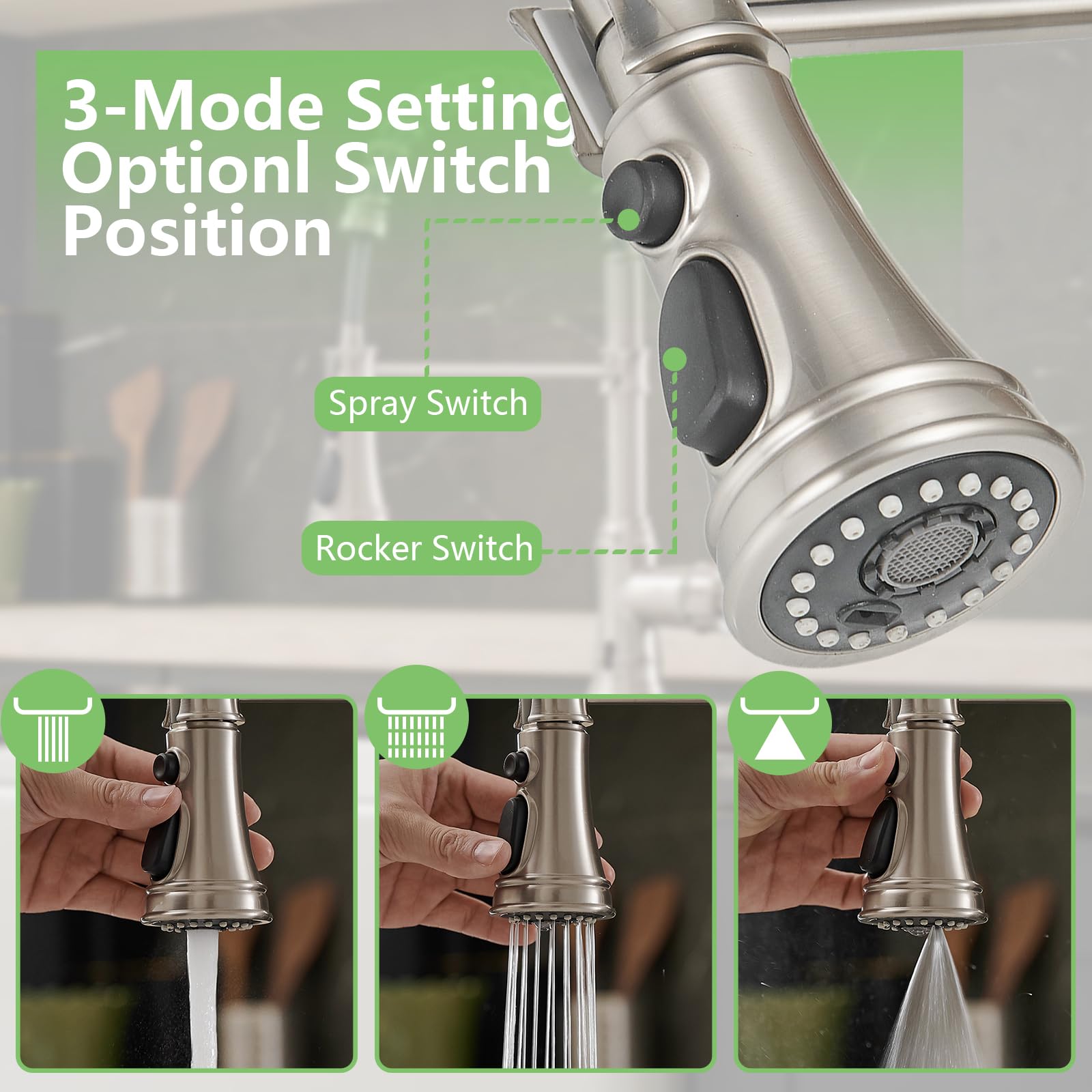 Bathlavish Pull Down Kitchen Faucet With Sprayer Brushed Nickel Bar Sink Farmhouse Single Handle 3-Mode Outlet Solid Brass Brush Pull Out Mixer Tap Commercial With 10-Inch Hole Cover Plate