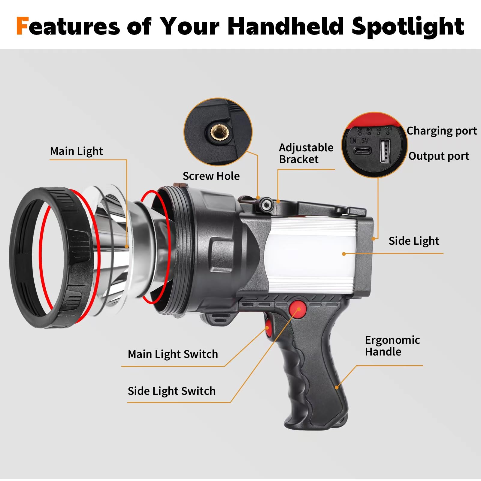 Vanvale Super Bright Handheld Spotlight Rechargeable Led Flashlight Long Lasting Large Searchlight With Usb Output Charger For Outdoor (Yellow Light)