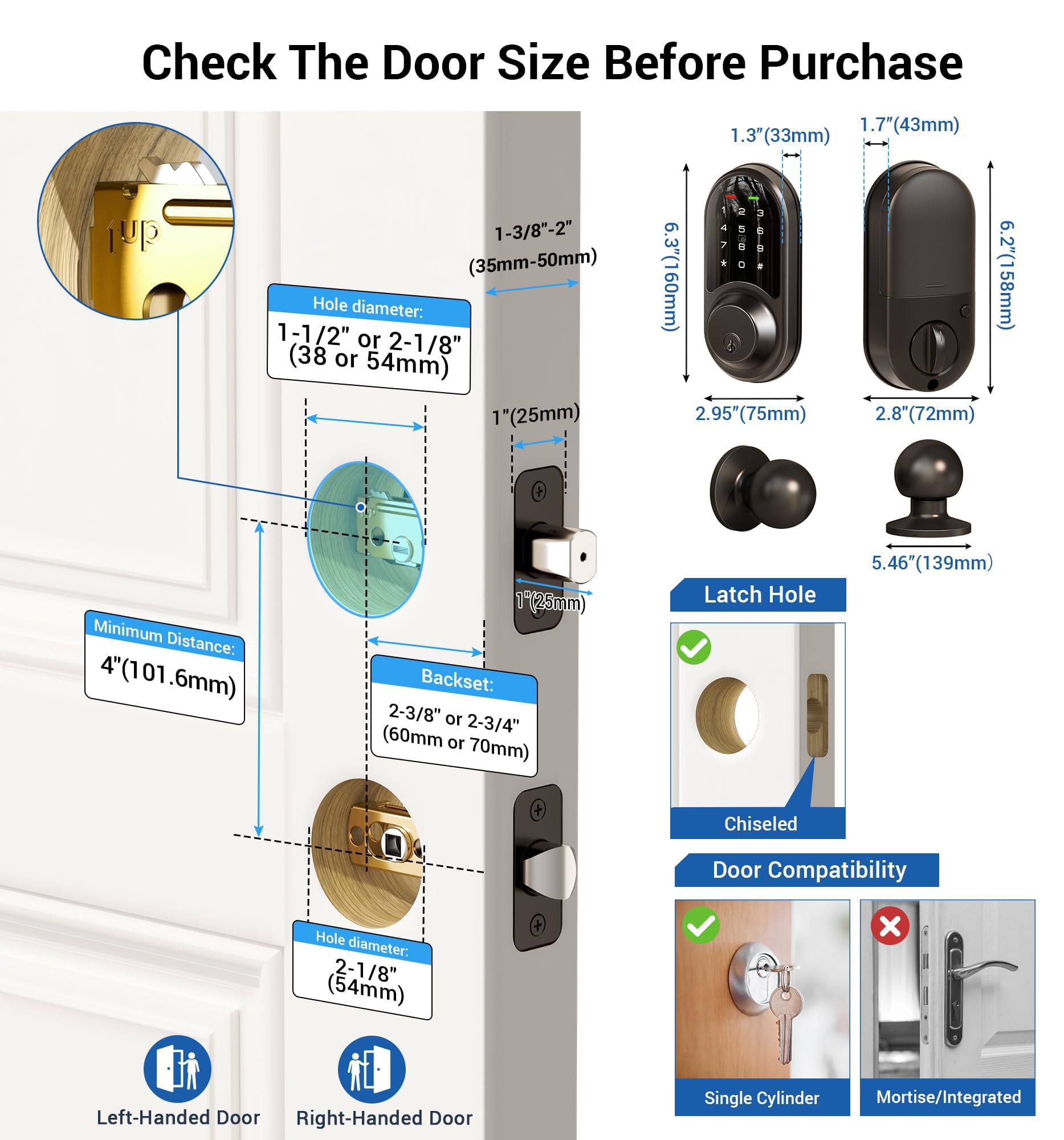 Veise Rz06C Smart Locks For Front Door, 2 Knob Handle Set, Keyless Entry Deadbolt, App Control, Electronic Touchscreen Digital Keypad, Auto Lock, Easy Installation, Ip54 Waterproof, Matte Black