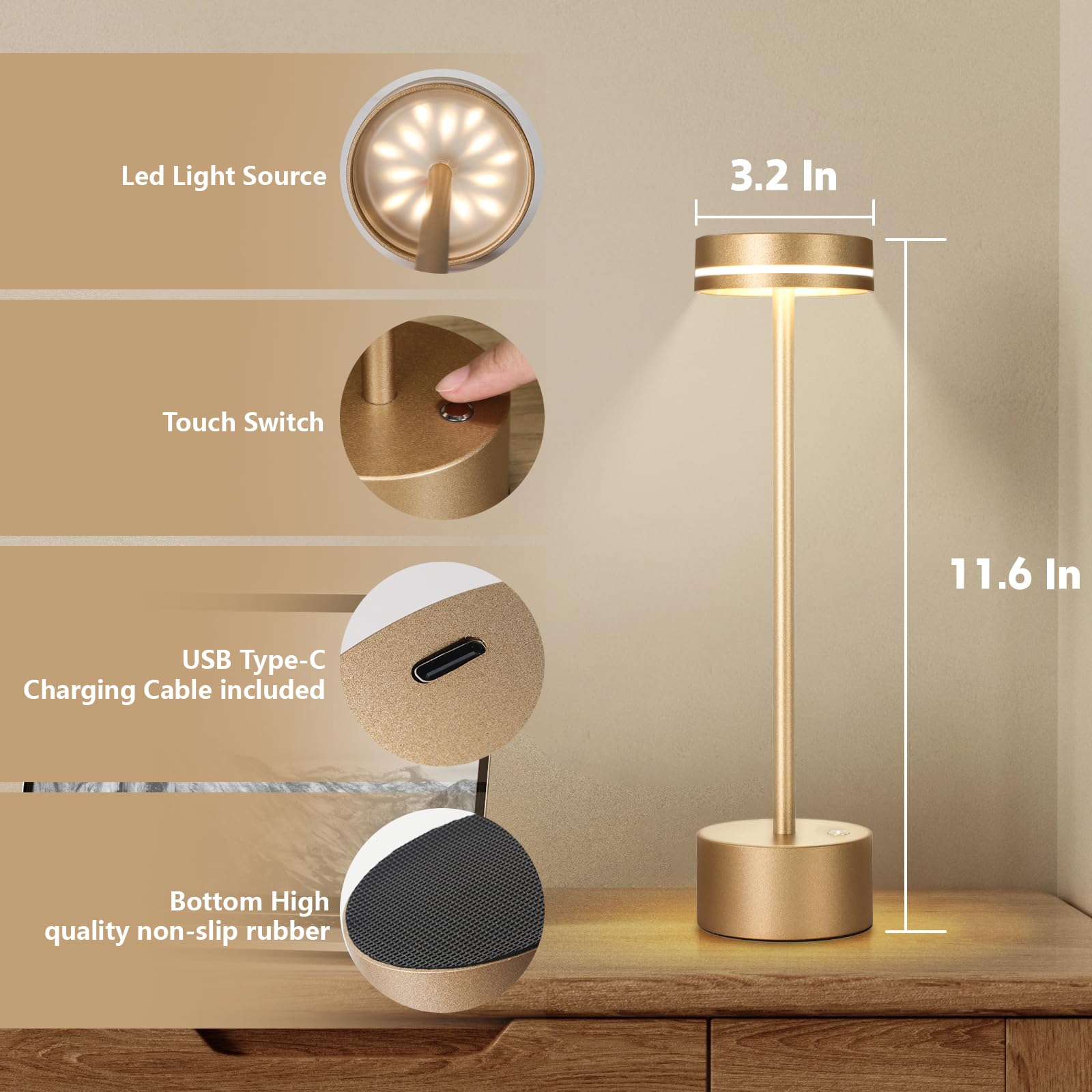 Gkeiten 2 Pack Cordless Table Lamp Rechargeable, 3 Way Dimmable Touch Lamp & 5000Mah Long Battery Time, Portable Small Metal Light For Reading/Office/Bedroom/Dining/Nightstand/Desk, For Home Décor – Gold