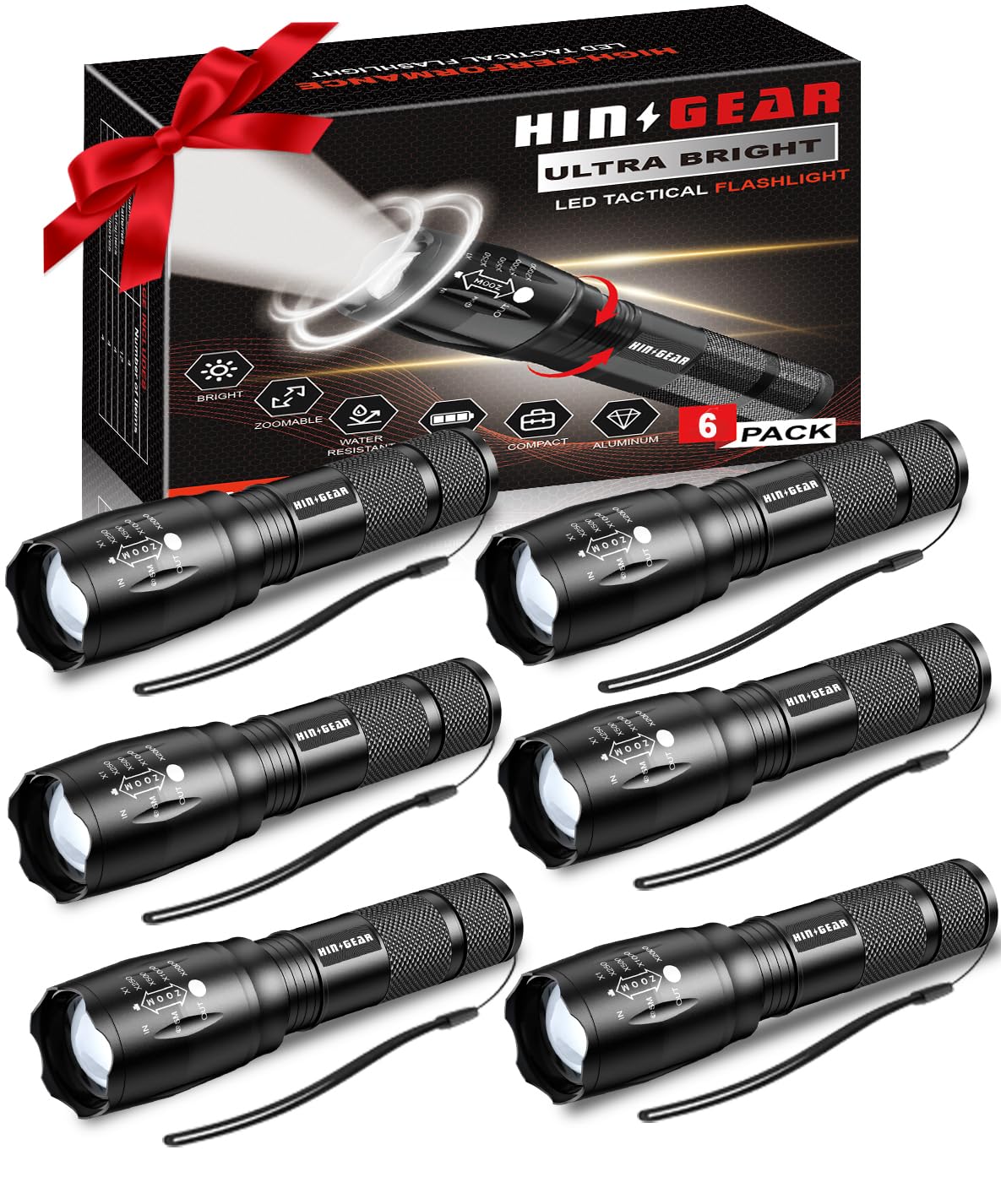 Hinsgear Flashlights High Lumens 6Pcs, 1 Mode Led Flashlight Super Bright, Small Pocket Flashlight Bulk, Water Resistant Tactical Flash Light For Emergency, Camping,  For Men Dad Christmas