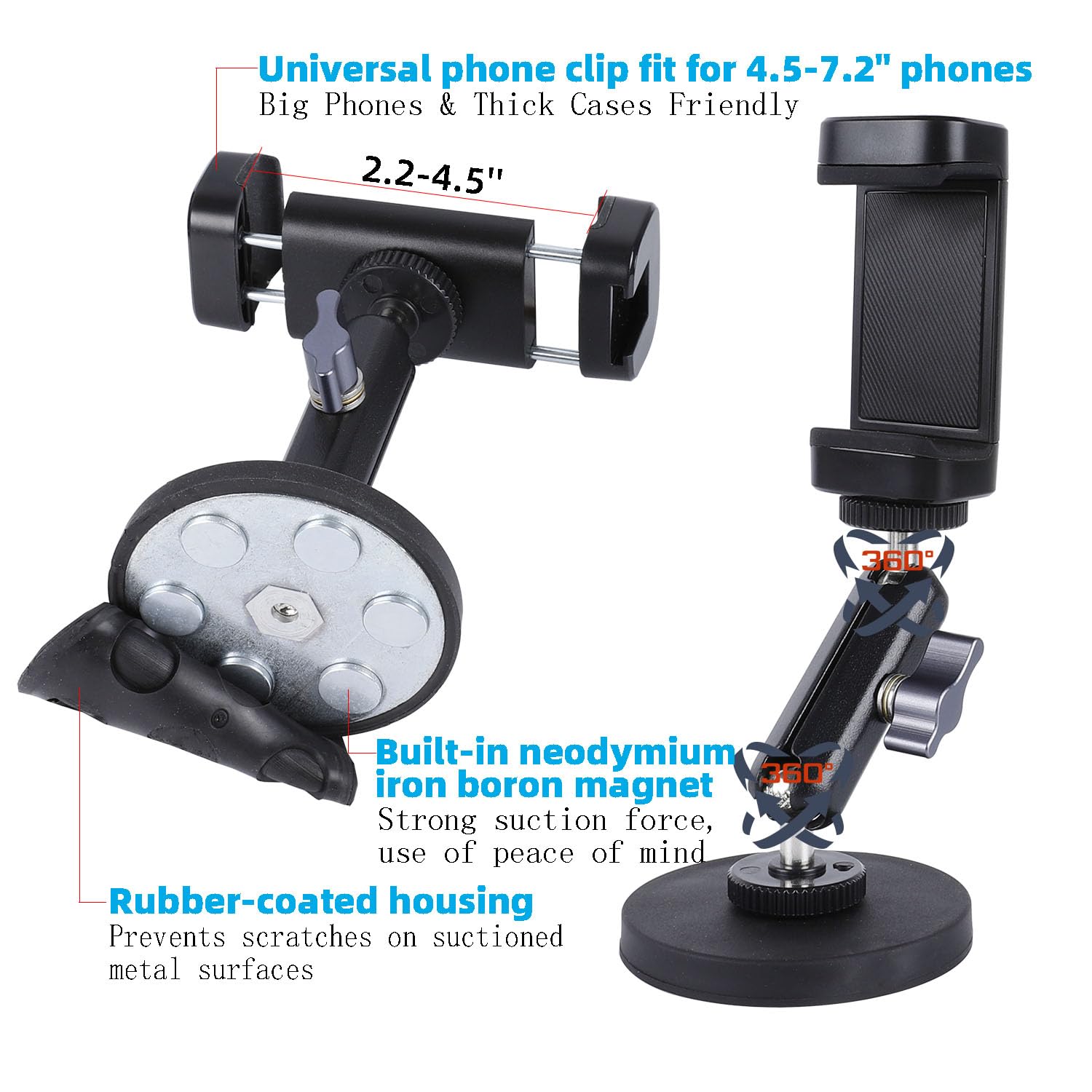 Leenconghui Gym Magnetic Phone Holder Mount With 360° Adjustable Dual Ballhead Magic Arm, Magnet Base Phone Mount For Gym Equipment, Refrigerator, Or Any Ferrous Metal Surface, Compatible With All Smartphones