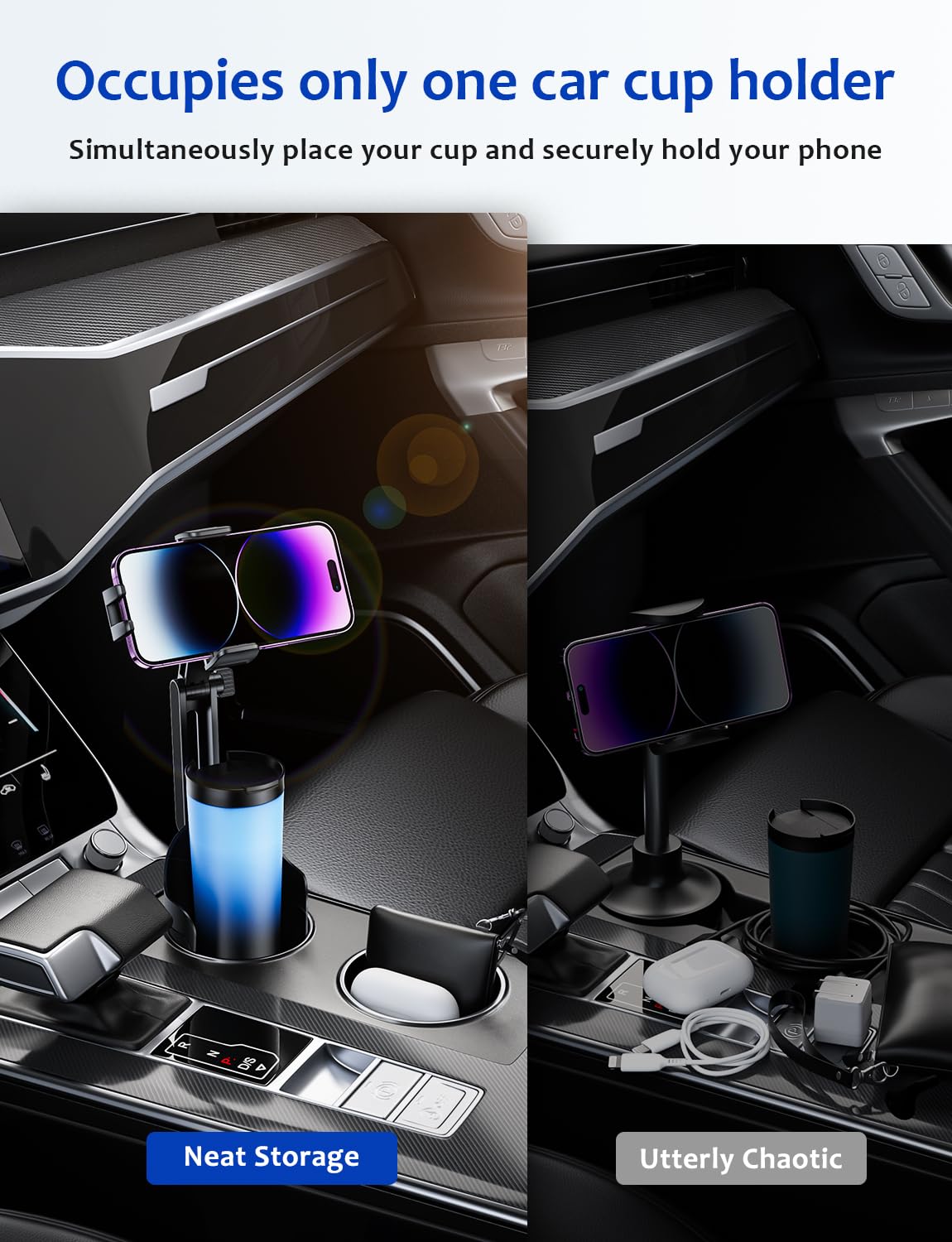 Tryone 2-In-1  Version Cup Phone Holder For Car: Car Cell Phones Cup Stand Expander With Height Adjustable Arm Fit For Truck  Suv  Automobile Compatible With Iphone & Samsung & Android Smartphones