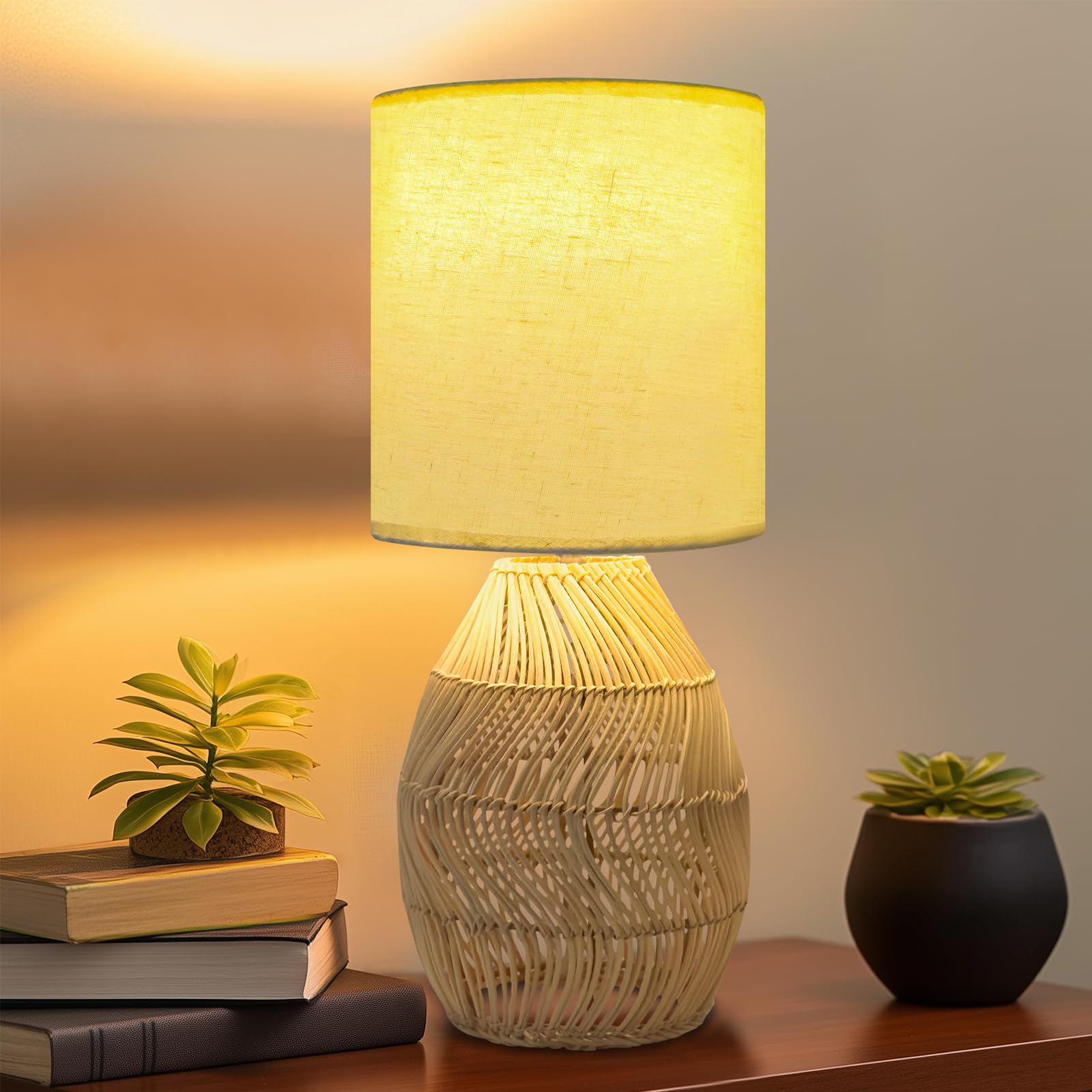 Jriceskiz Handmade Boho Rattan Table Lamp - Stepless Dimmable Wicker Nightstand Lamp With Wooden Base For Bedroom, Living Room, Office - Bamboo Woven Decorative Lamp (Striped, 1 Pack)