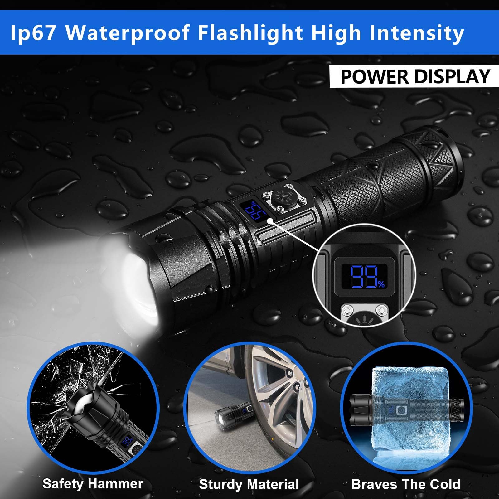 Jay-Park Rechargeable Led Flashlight 10000 Lumen, Super Bright Flashlight With Digital Power Display And Zoomble, Flashlights High Lumens Rechargeable For Camping, Outdoor