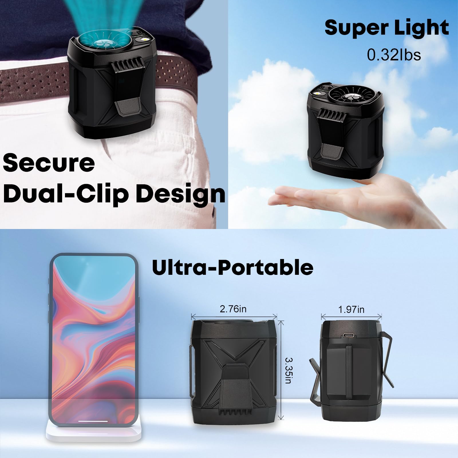 Portable Fan Rechargeable,4 Speeds Strong Airflow Small Fan Waist,Battery Powered,For Travel Camping