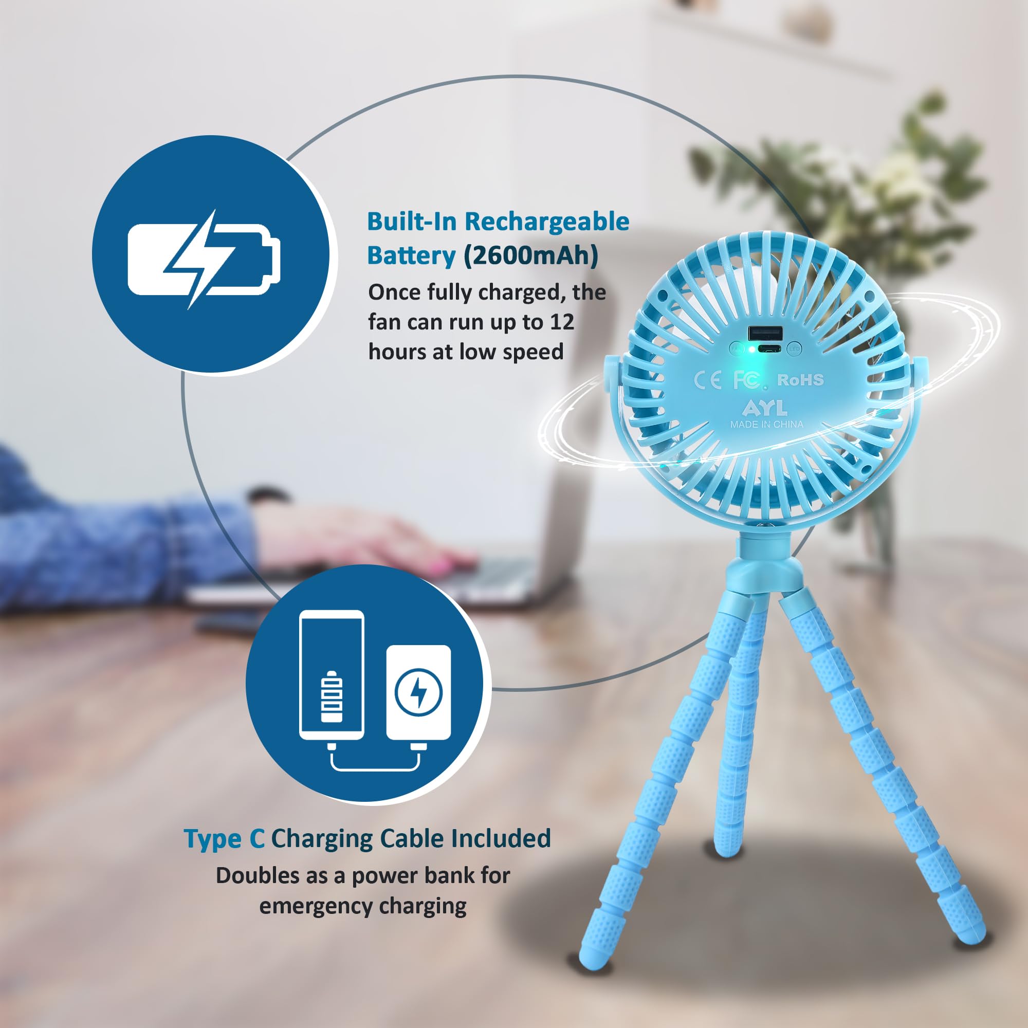 Ayl rechargeable portable fan, 360° rotation, small size, built-in lights for stroller and personal cooling