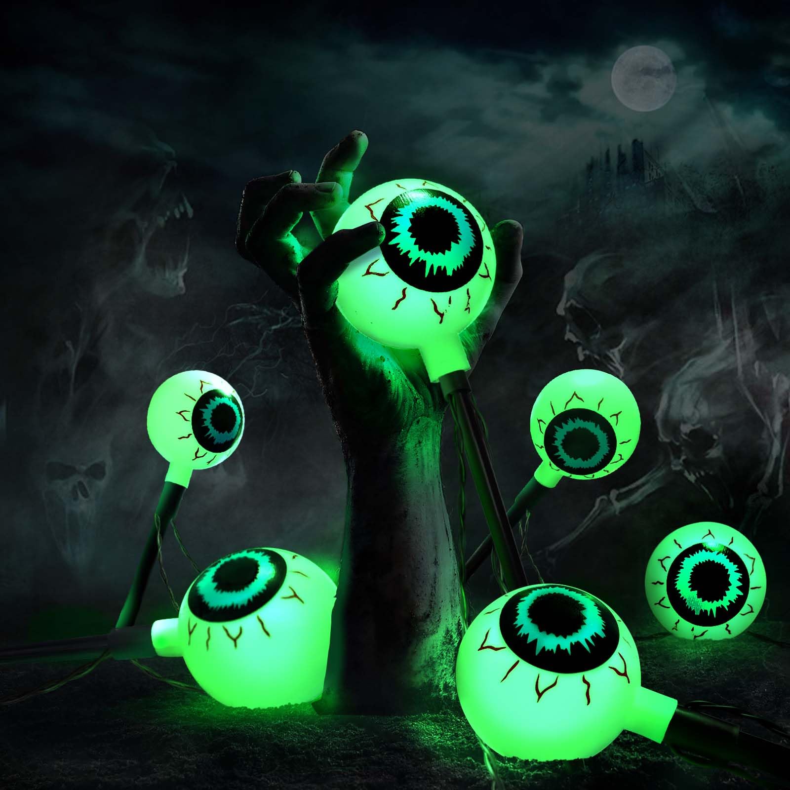 Beteray Halloween Decorations Outdoor, Solar Eyeball String Lights 6 Pack, 3D Scary White Eyeballs With Green Light 8 Lighting Modes, Ip65 Waterproof Pathway Lights For Garden Lawn Yard Decor