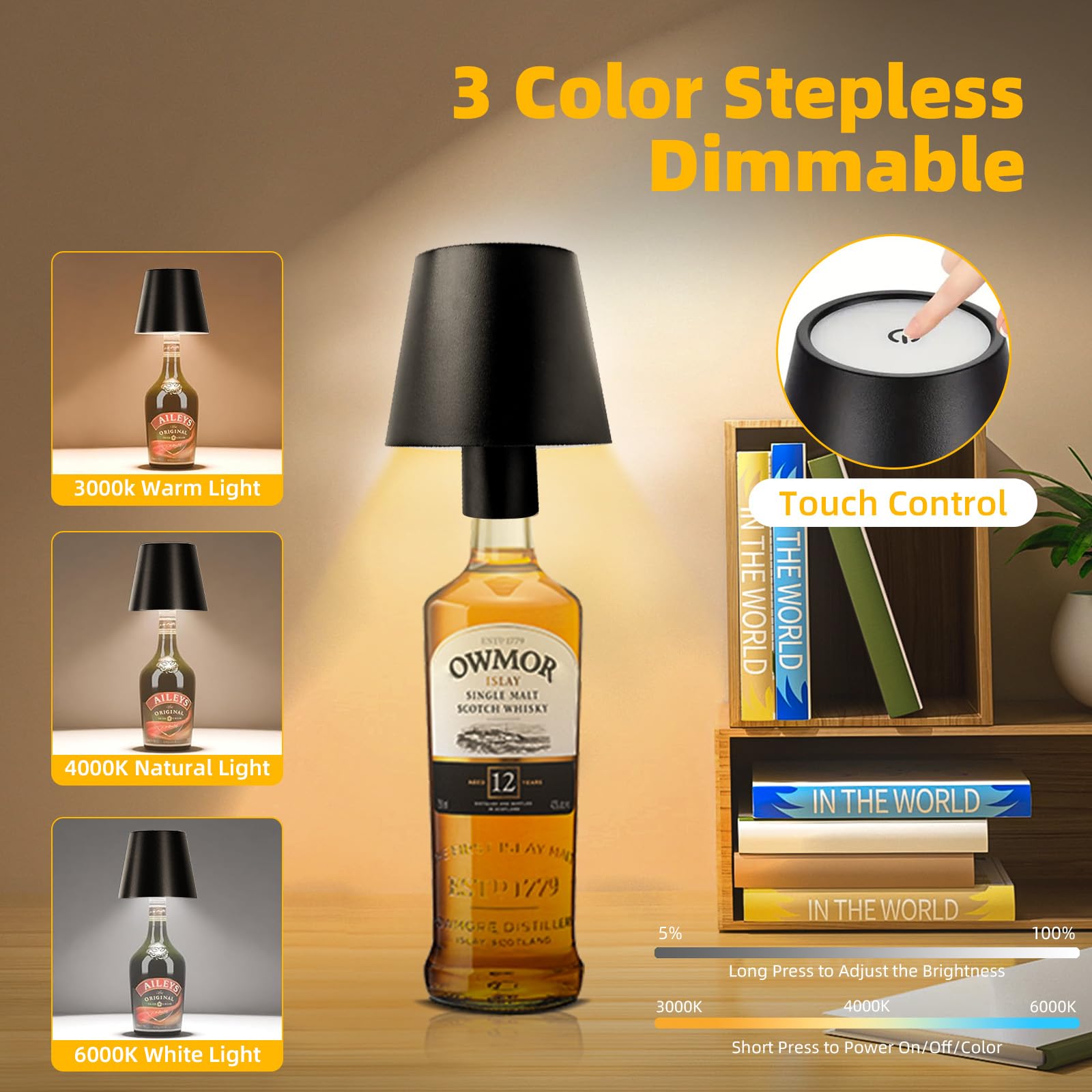 Mxcoirtp Wireless Bottle Lamp, Adjustable Brightness 3 Color Wine Bottle Light With 2 Lamp Bases, Touch Control Rechargeable Metal Waterproof Table Lamp For Dining Room/Bedroom/Bar, Black