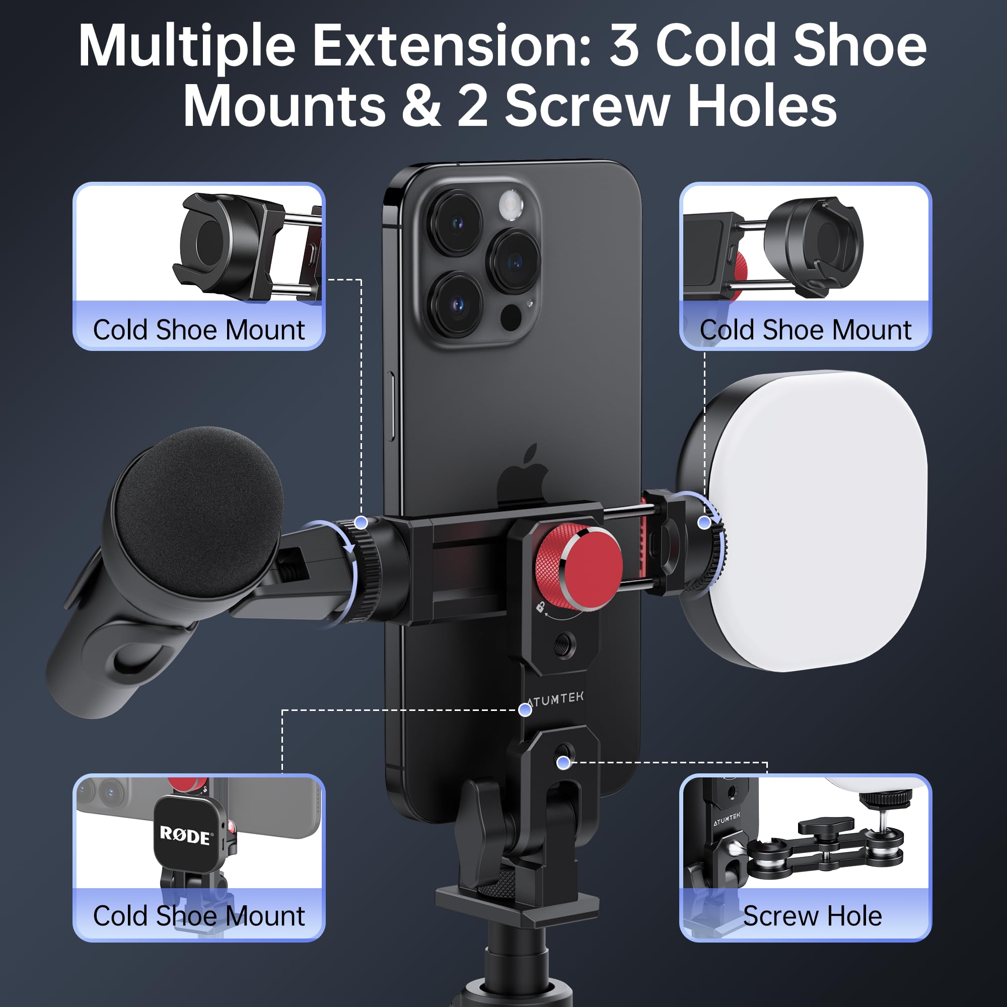 Atumtek Metal Phone Tripod Mount, Universal Aluminum Smartphone Mount Adapter With 3 Cold Shoe, 3 1/4" Screw Mount, Arca Port And 1 Convertible Cold Shoe Adapter, 360° Rotation & 145° Tilt Angle
