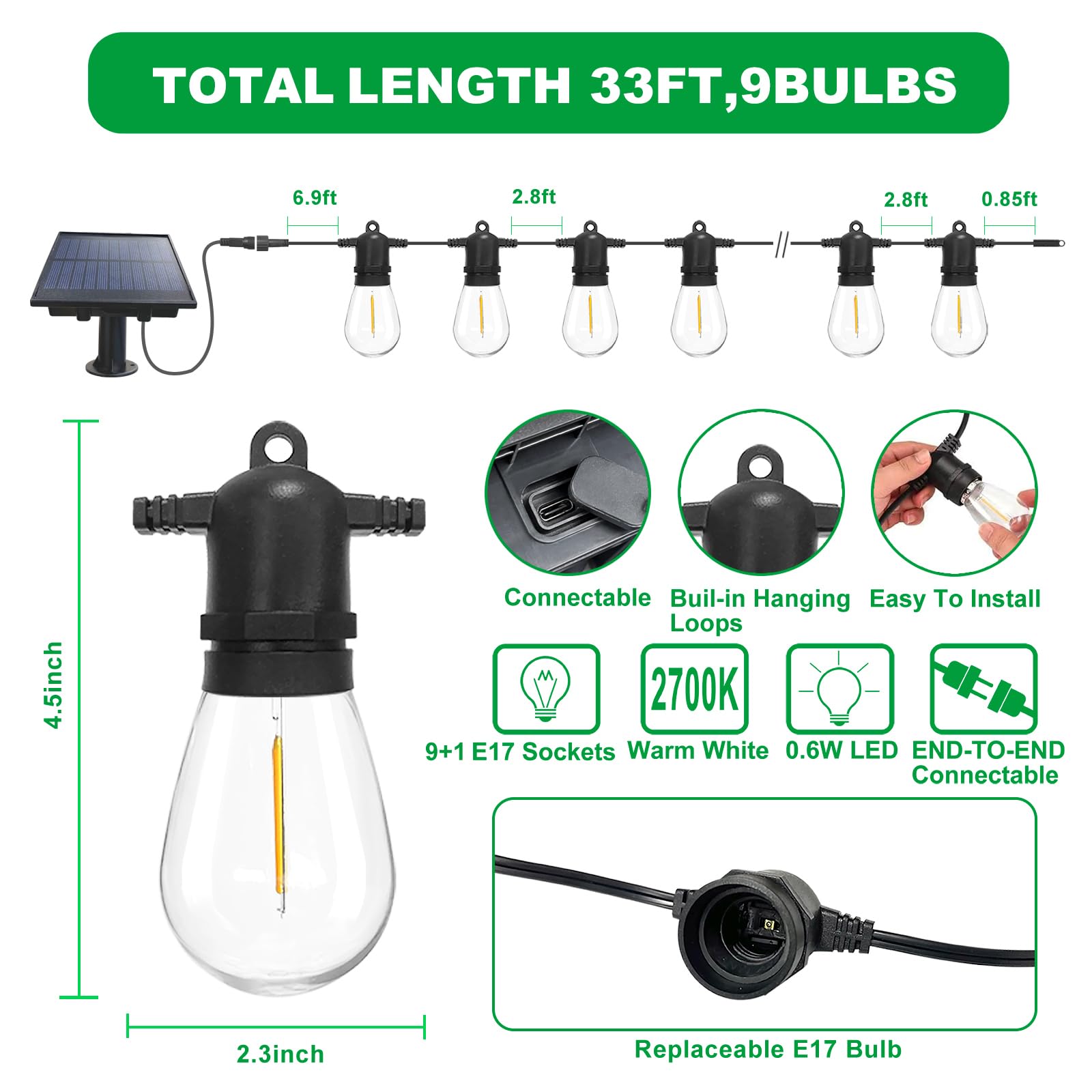 Yaojin 33Ft(27+6) Commercial Solar Lights Outdoor, 9 Edison Bulbs Shatterproof, Ip65 Waterproof With Usb, 1W Soft White For Porch/Bistro/Cafe
