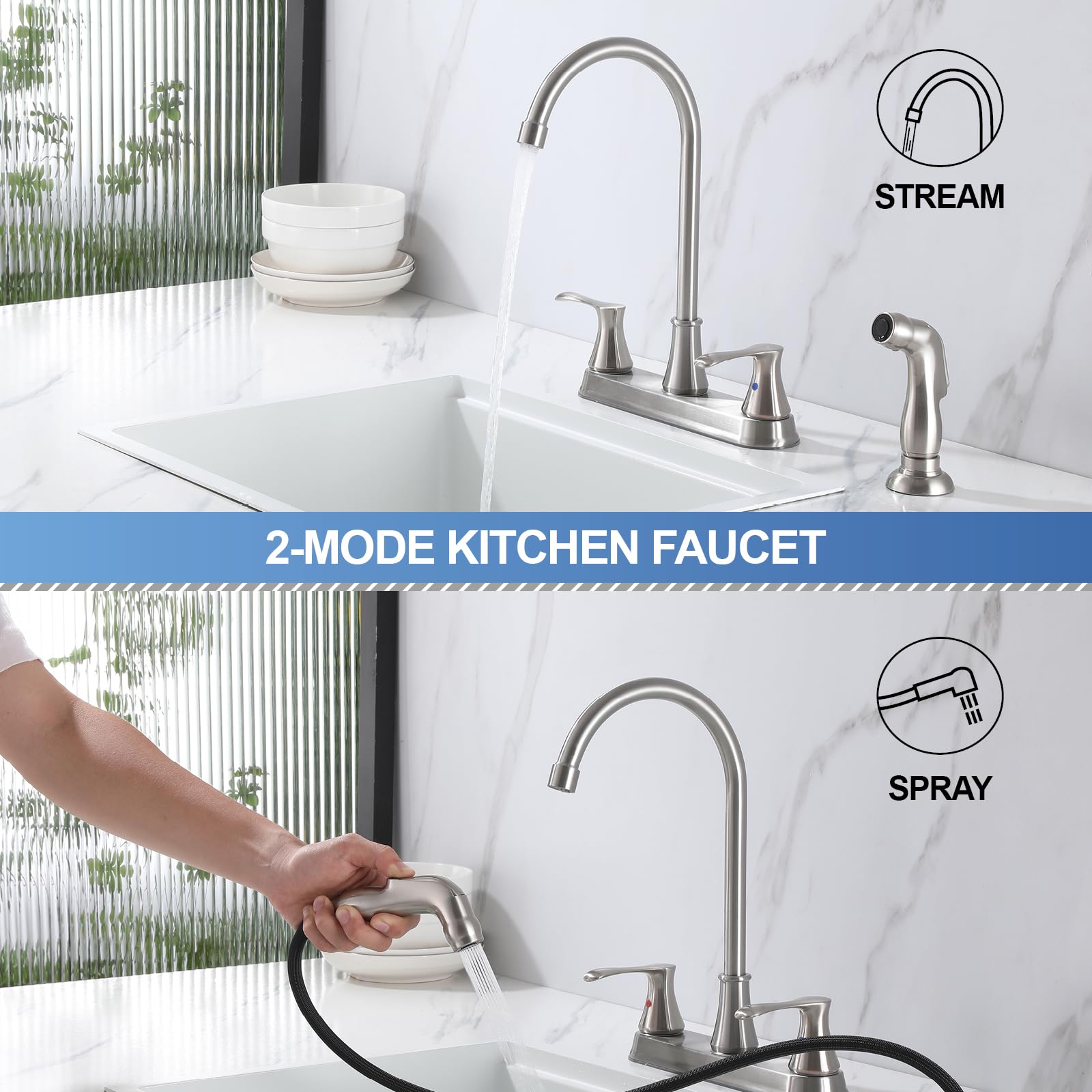 Gcgweqs Kitchen Faucet With Sprayer, Brushed Nickel High Arc 360 Swivel Kitchen Sink Faucet, 3 Or 4 Hole Rv Faucet For Kitchen Sink, Stainless Steel Touch Kitchen Faucet With Side Sprayer