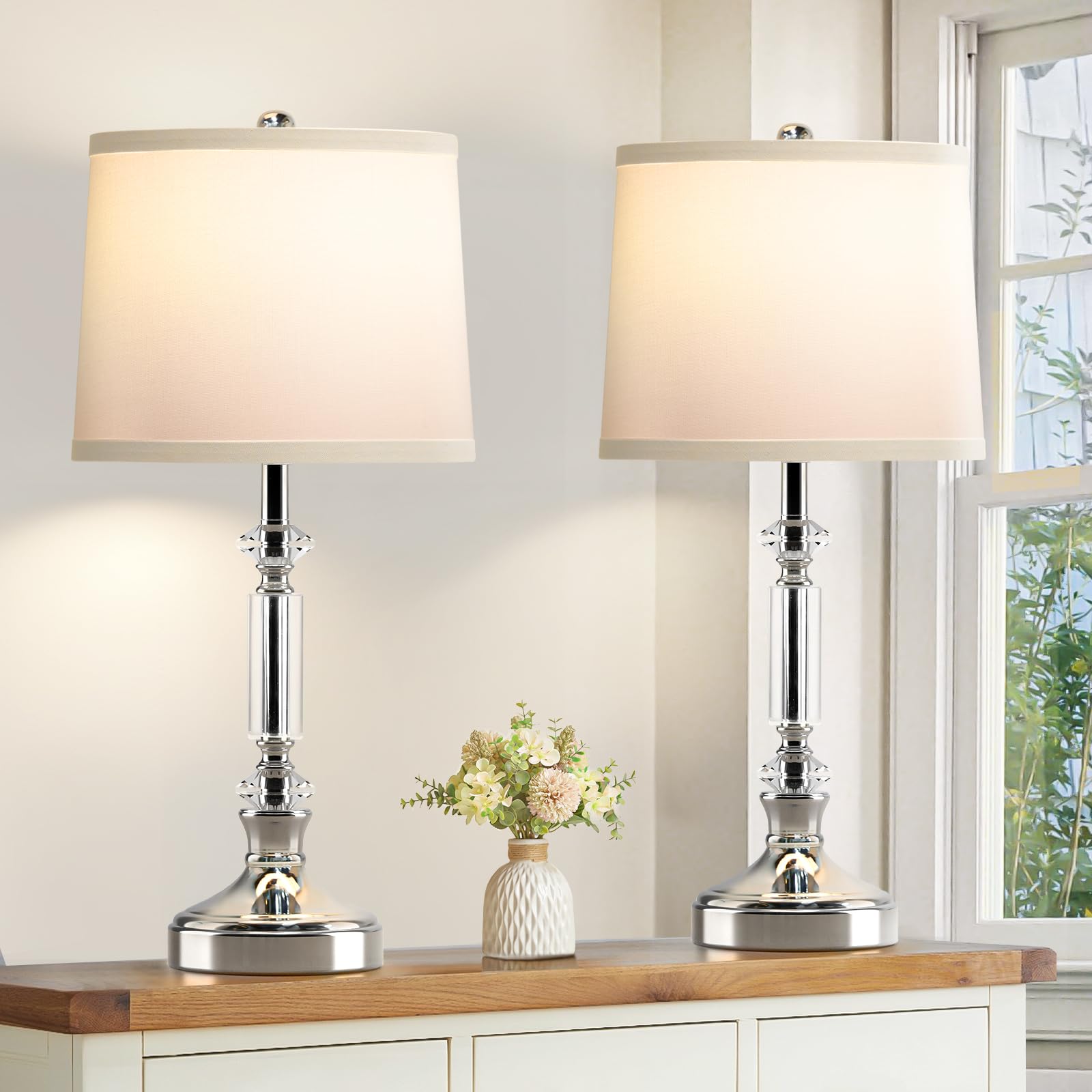 Spclsim Crystal Table Lamps For Bedroom Set Of 2, 23.4" Modern Buffet Living Room End Table Lamps With Glossy Silver Metal Base, White Shade Bedside Nightstand Lamps