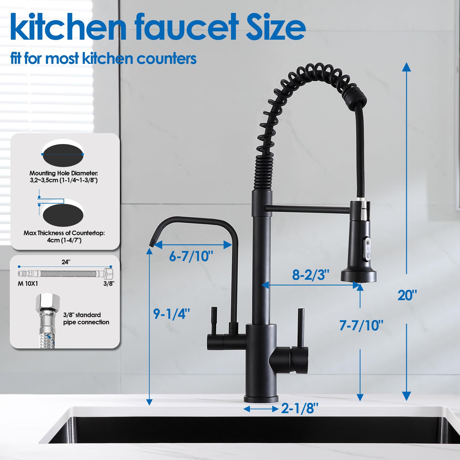 Ougoo 3 In 1 Kitchen Faucet With Drinking Water Faucet, 2 Handle Pull Down Kitchen Sink Faucet Water Filter Purifier Faucets, Black