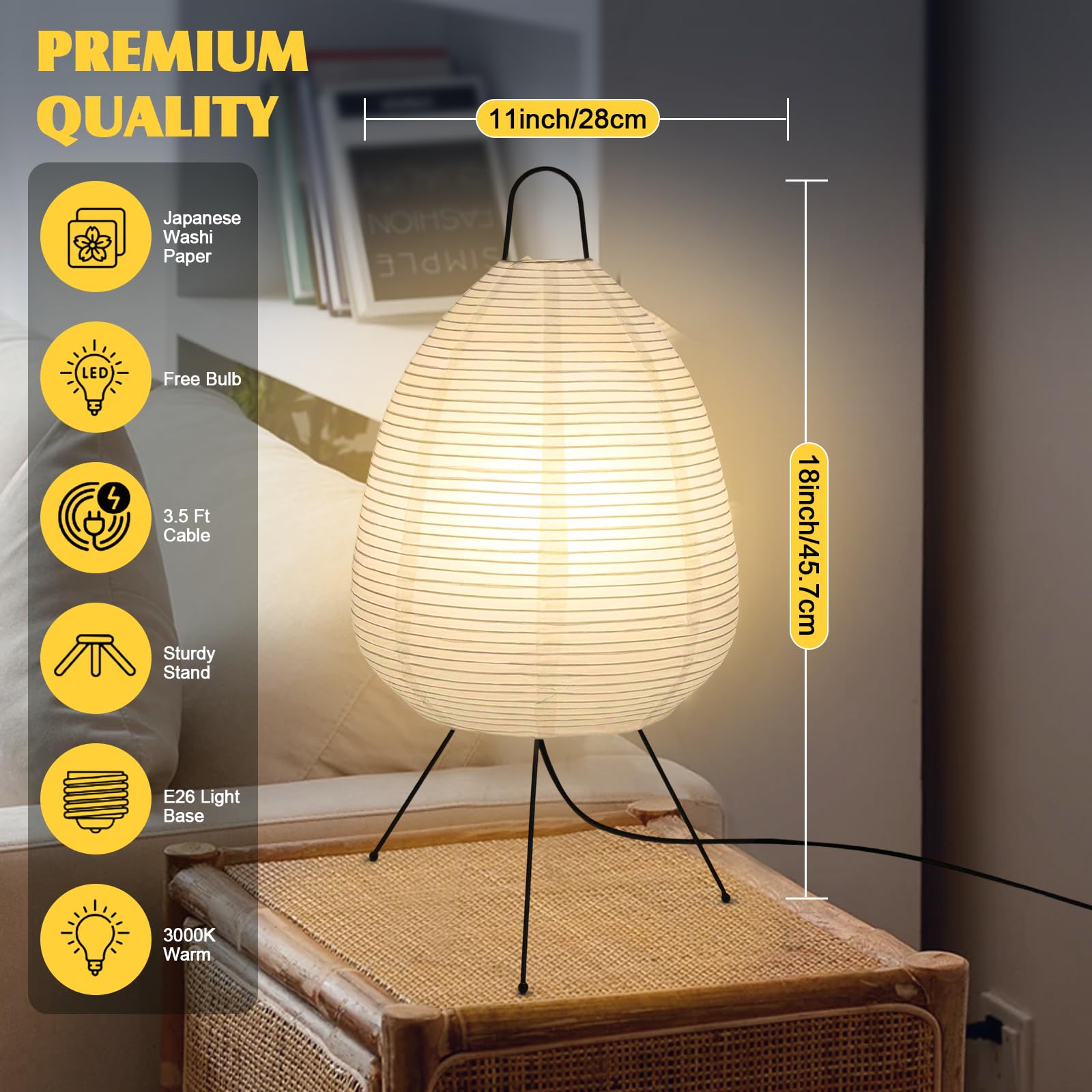 Kuabiz Paper Table Lamp Dimmable Japanese Lantern Lamps With Rice Paper Shade Decoration Standing Light For Bedroom Livingroom Dresser College Dorm Coffee (Classic)
