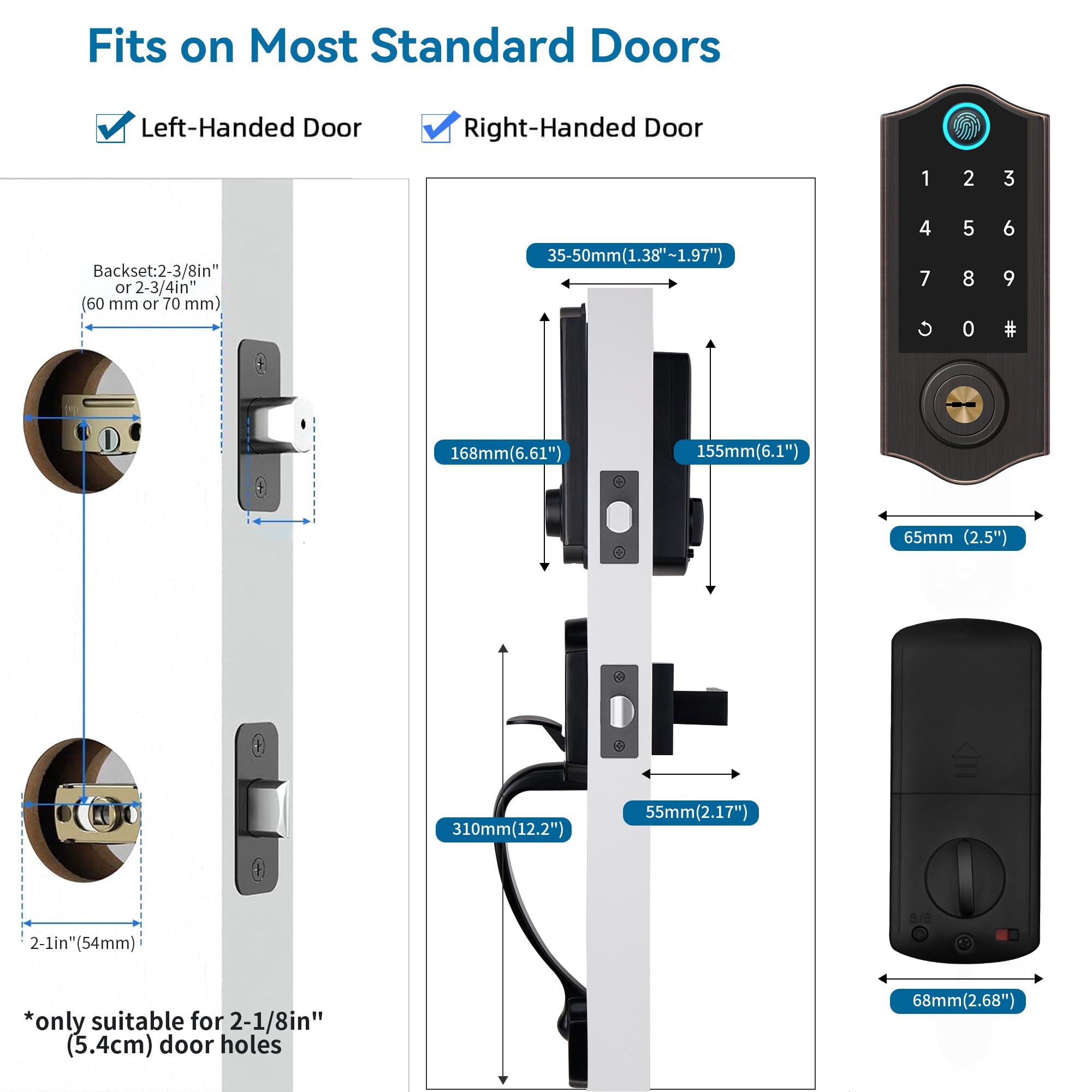 Harfo Fingerprint Smart Door Lock For Front Door With Handle Set, App Control, Keyless Entry Keyless Deadbolt, Digital Electronic Touchscreen Keypad, Auto Lock, Easy To Install, Black