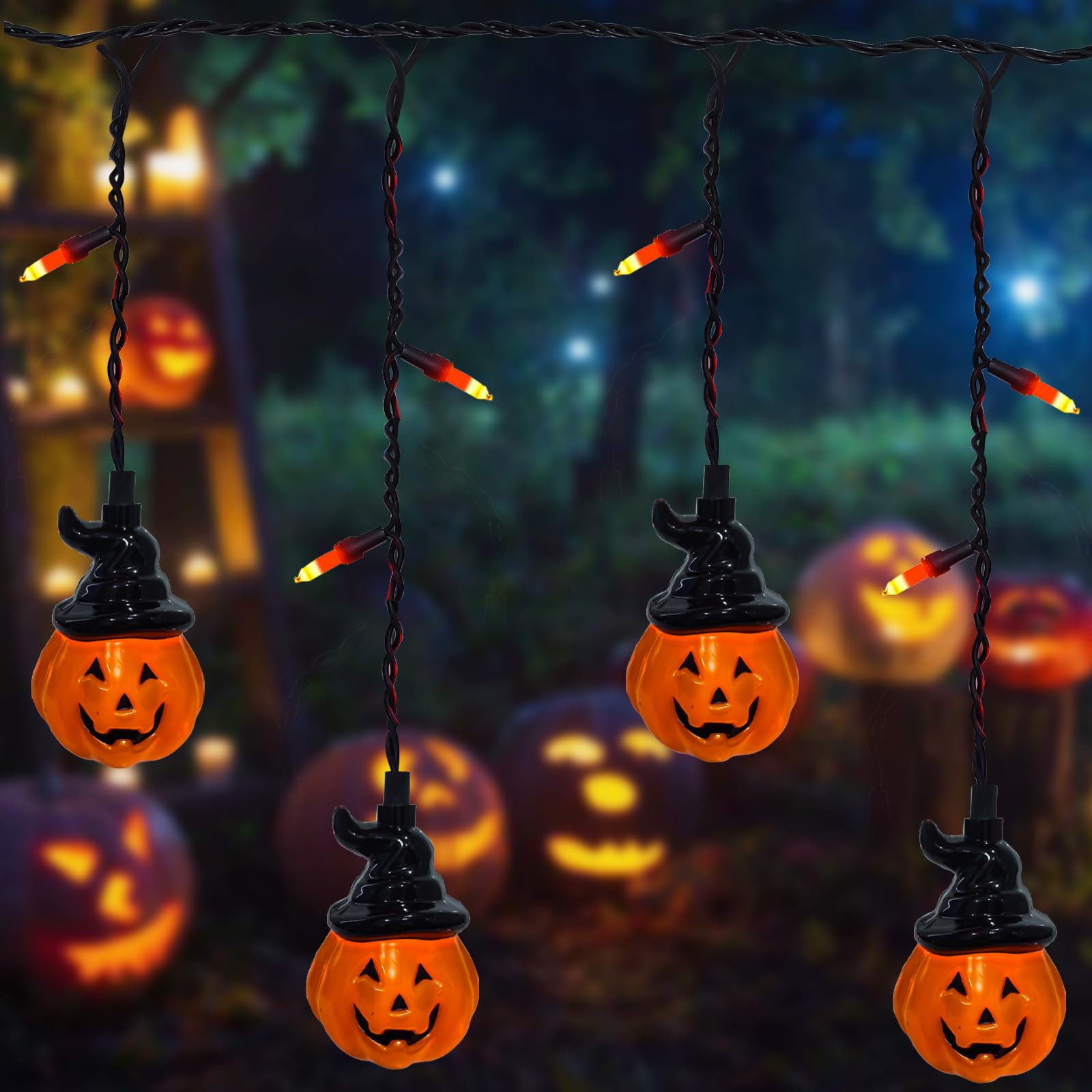 Bokoiuu 7Ft Halloween Hooded Pumpkin Light String, Led Pumpkin Outdoor Decoration Light String With 25 Mini Curtain Pumpkin Lights For Halloween Party, Outdoor, Window, Porch, Indoor, Bedroom.