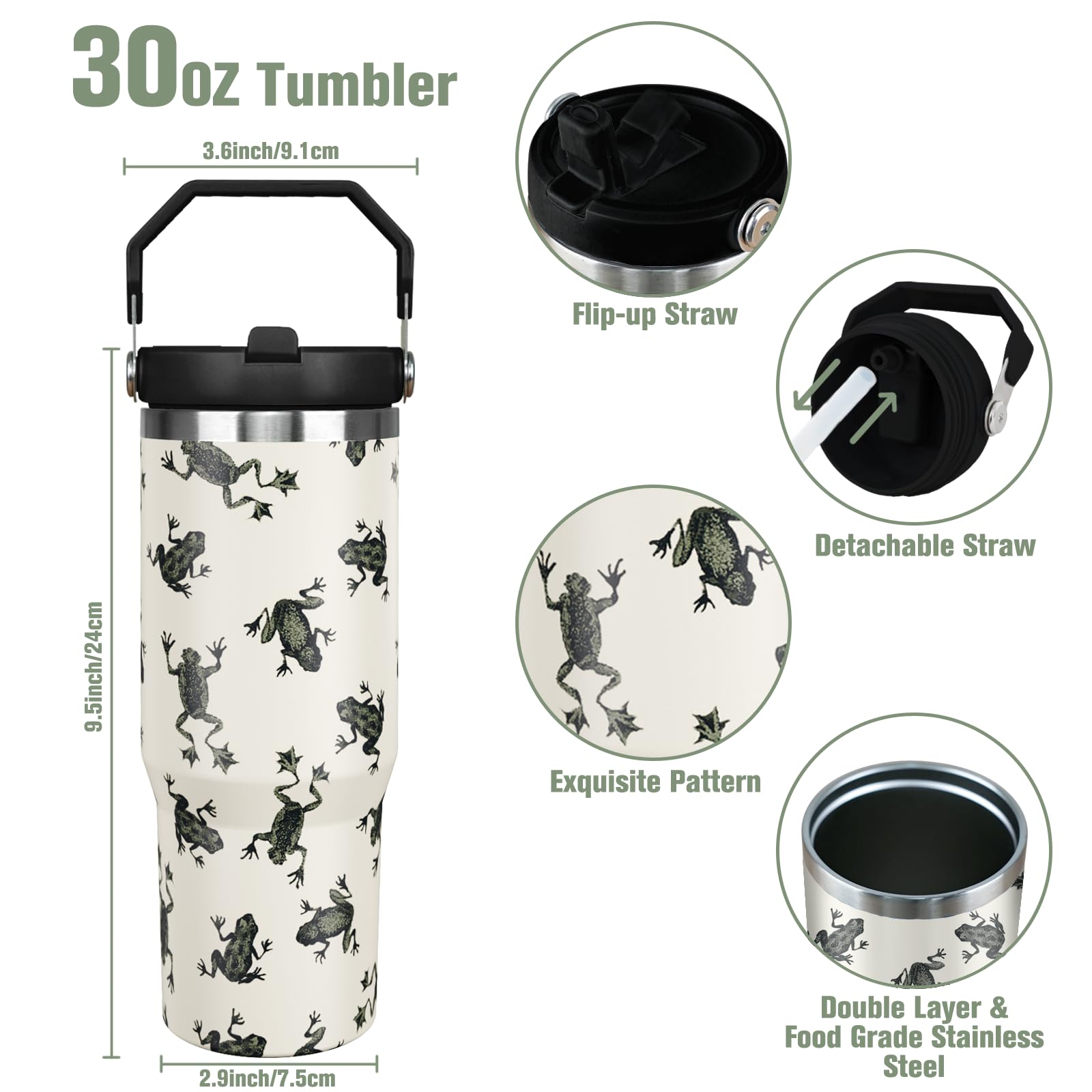 30 Oz Frog Tumbler With Handle And Straw, Insulated Coffee Travel Mugs Cup Water Bottle