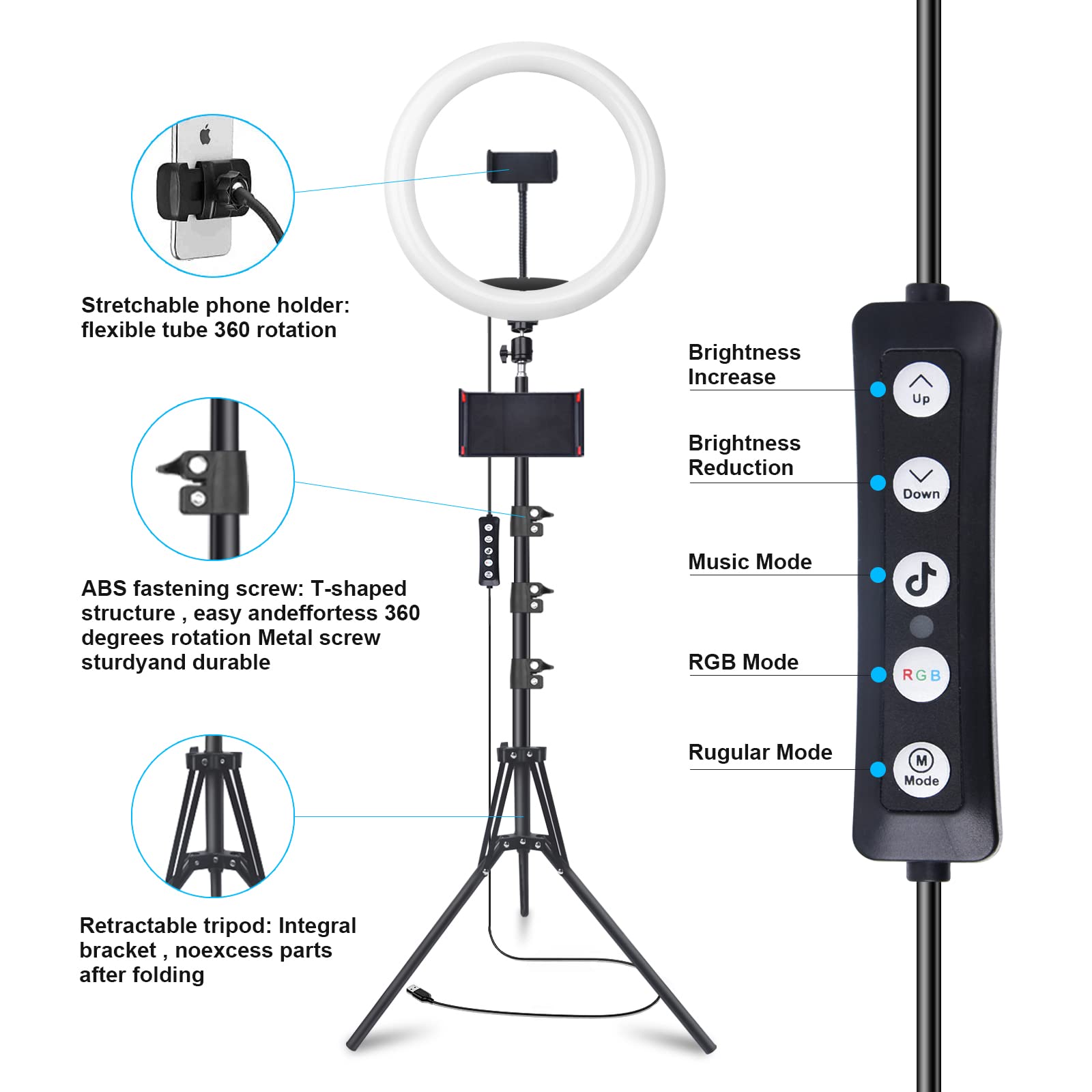 Herrfilk 12" Selfie Ring Light With 75" Tripod Stand & 2 Phone Holder, Led Camera Ringlight With 48 Rgb Colors Modes & Musical Rhythm Mode And 12 Brightness Dimmable For Tiktok/Makeup/Photography/Vlog