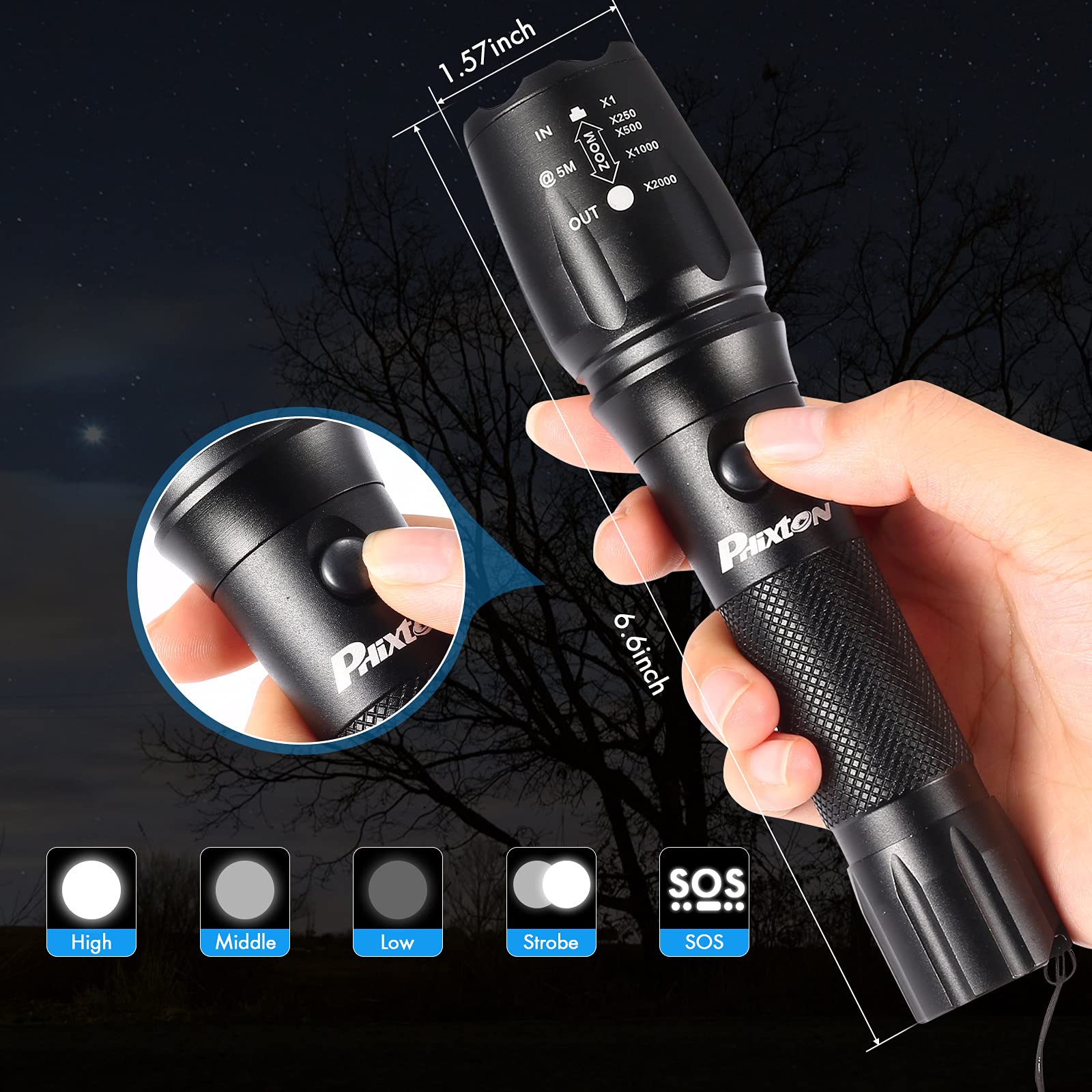 Phixton Rechargeable Flashlights High Lumens, 5000 Lumen Usb C Chargeable Led Flashlight, Bright Strong Handheld Flash Lights, Long Lasting, Adjustable Focus, 5 Modes, For Emergencies Hiking