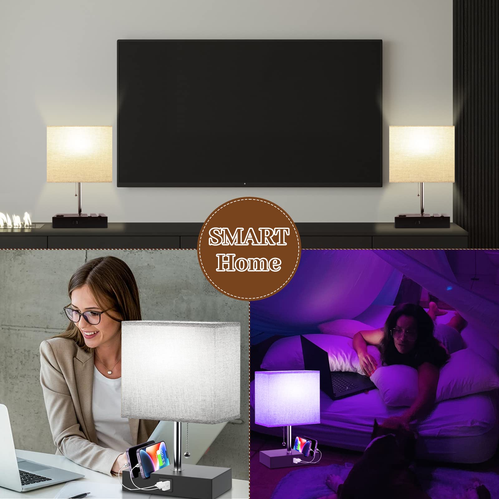 Yieelog Smart Rgb Dimmable Table Lamp Work With Alexa&App&Remote Control, Bedside Desk Lamp With Charging Ports&Outlet&Phone Stand, Music Sync Nightstand Lamp For Bedroom Living Room Office Dorm